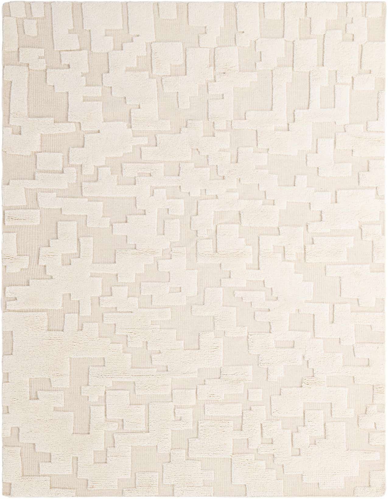 A 5x8 rectangular ivory modern rug featuring a textured geometric pattern with varying pile heights, perfect for a living room.