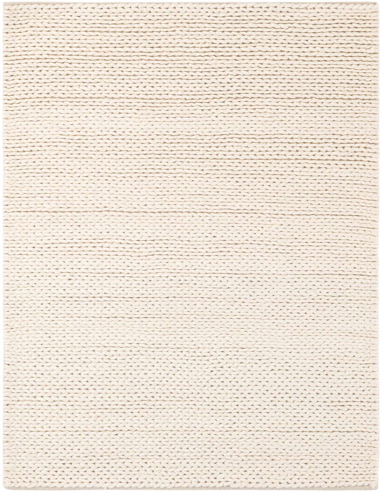 A 4x6 rectangular ivory solid rug made of New Zealand wool, featuring a textured, hand-knitted appearance, perfect for a living room or office.