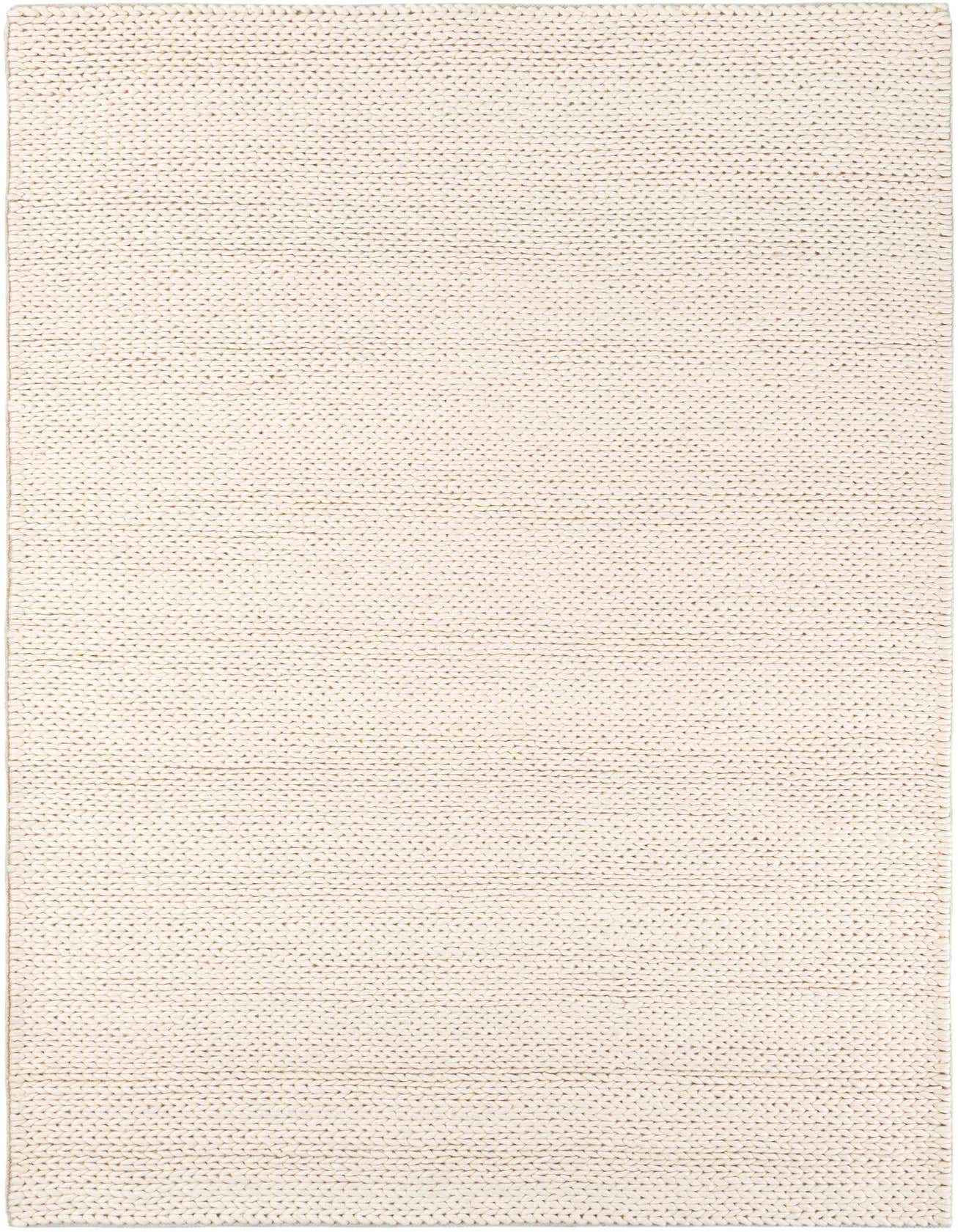 A 6x9 rectangular ivory New Zealand wool rug with a modern, textured, solid design, perfect for a living room.