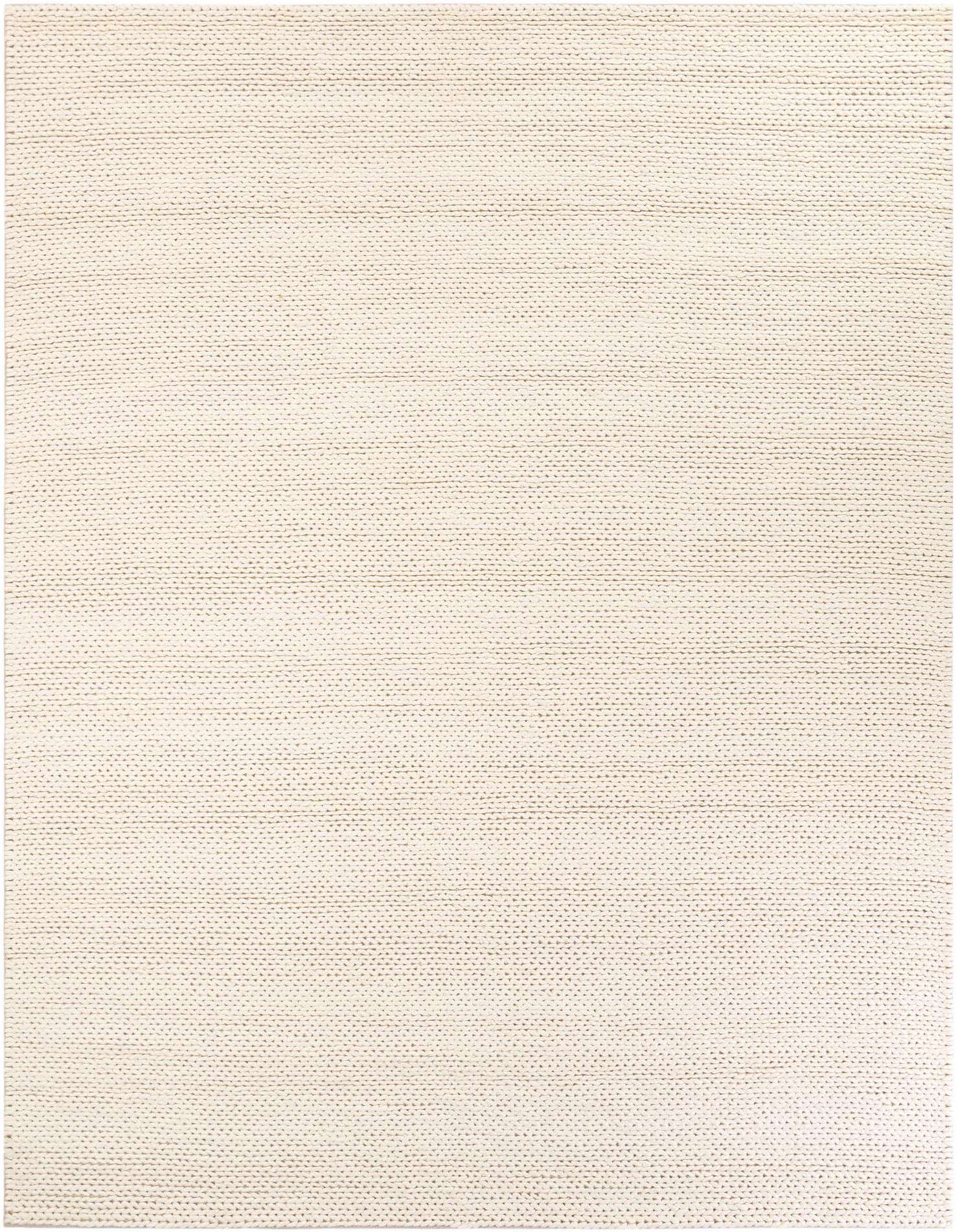 A 9x12 rectangular ivory New Zealand wool rug with a subtle textured, solid pattern, suitable for a modern living room.
