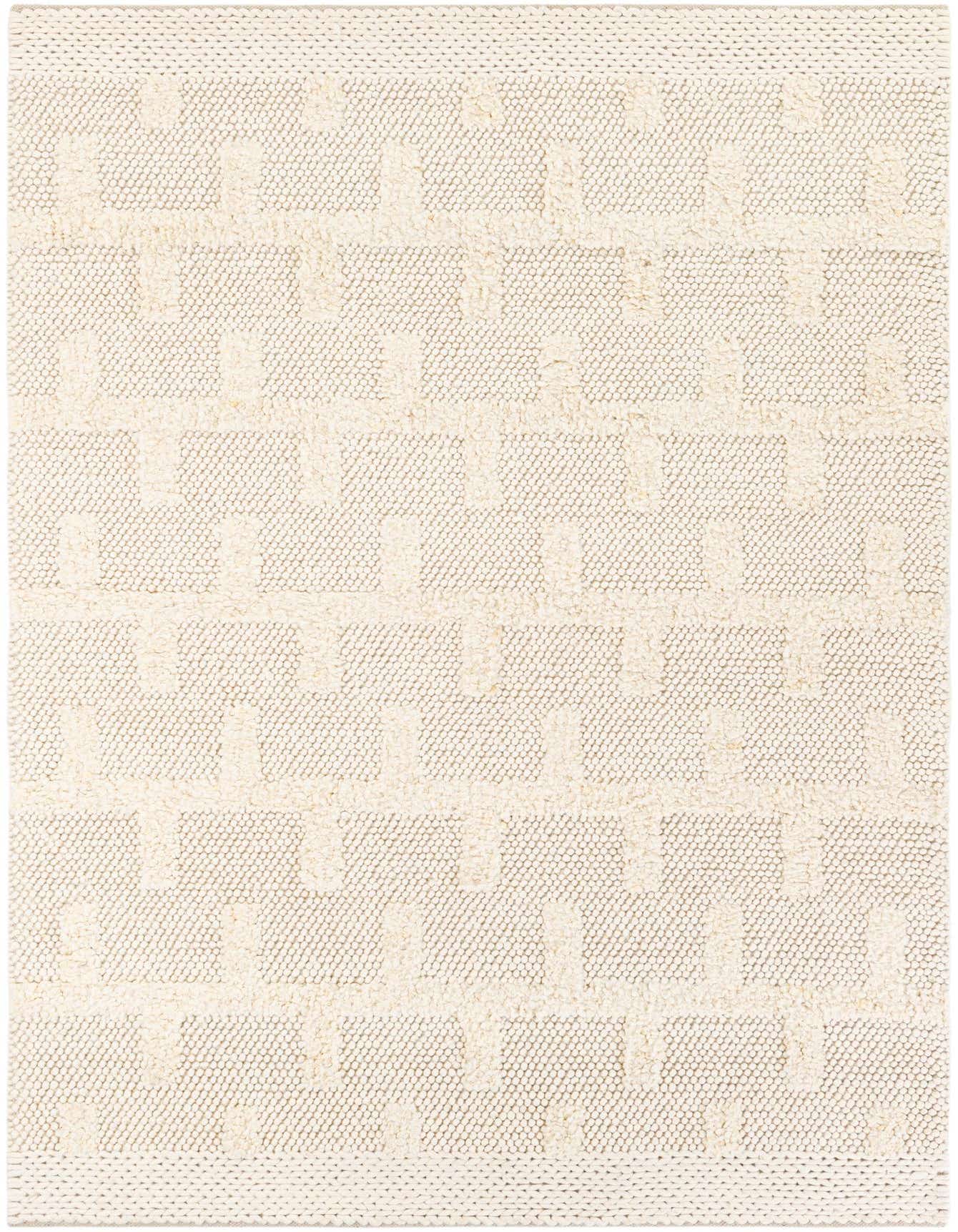 A 6x9 rectangular ivory and cream modern area rug with a textured abstract geometric pattern.