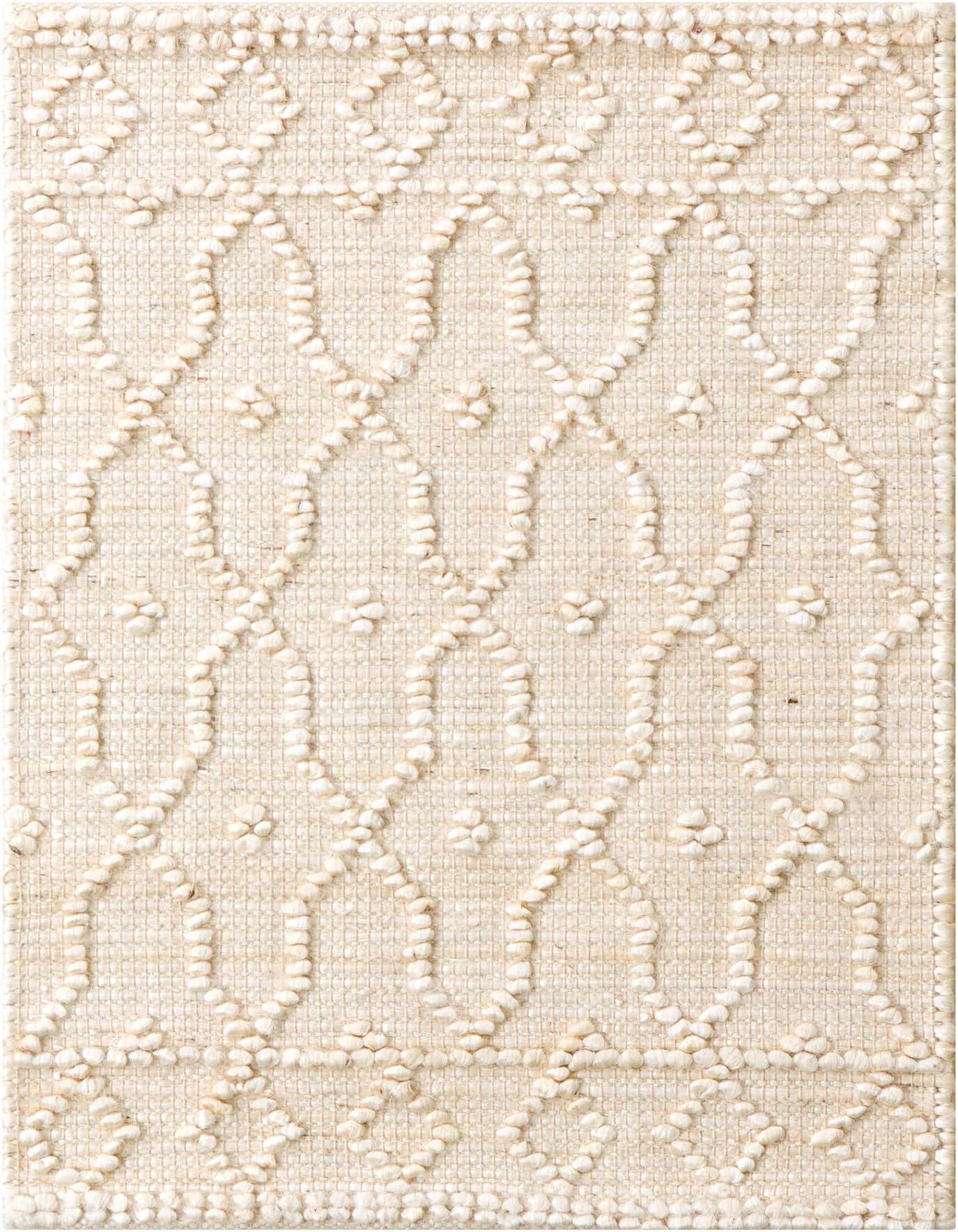 A 2x3 rectangular Larsa Jute rug in ivory with a modern trellis pattern and textured pile, ideal for an entryway.