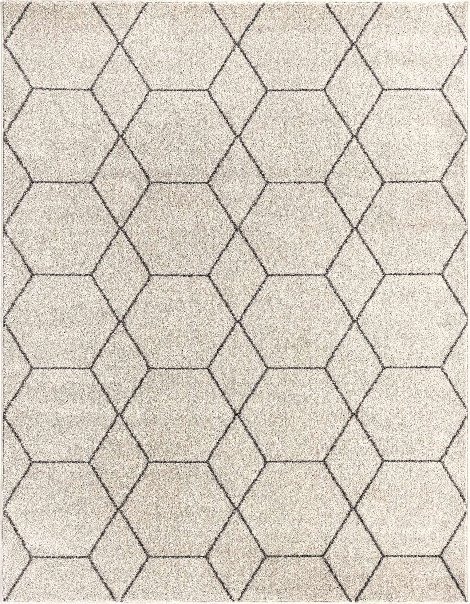 A 10x13 rectangular ivory modern rug with a dark gray trellis pattern, suitable for a living room.