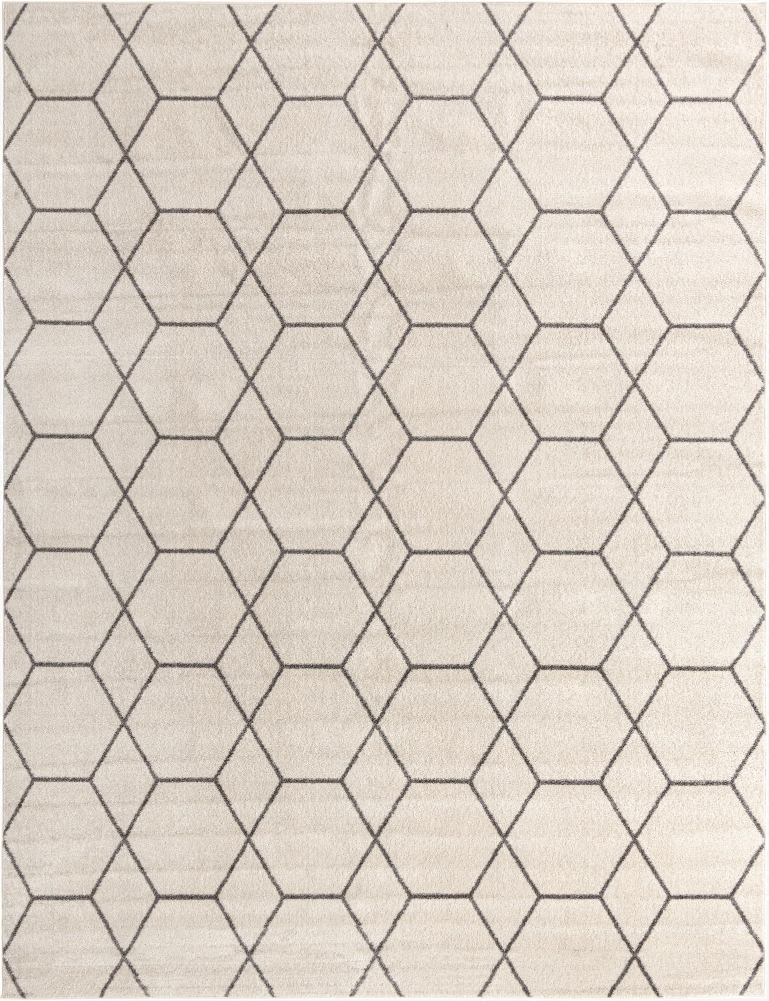 An 8x10 rectangular ivory and cream rug featuring a contemporary gray trellis pattern of interconnected hexagons.