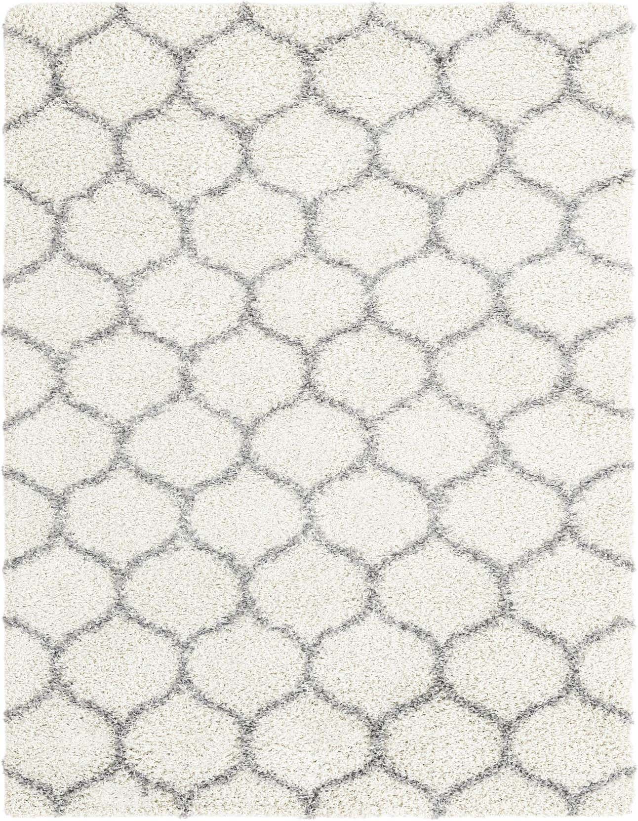 A 5x8 rectangular ivory shag rug with a modern gray lattice pattern, showcasing its textured high-low pile.