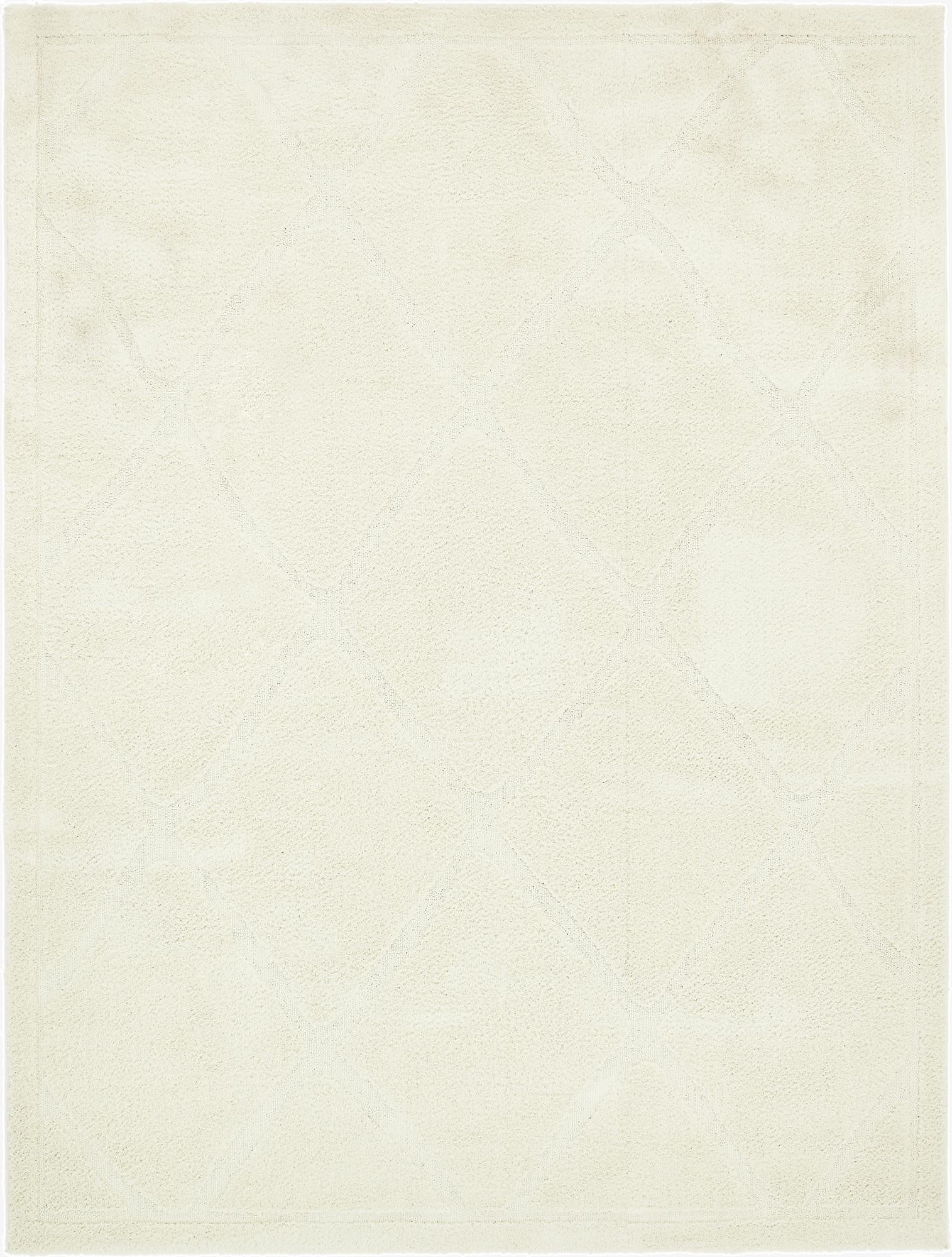 A 9x12 rectangular ivory shag rug with a subtle high/low textured lattice pattern, perfect for a living room.