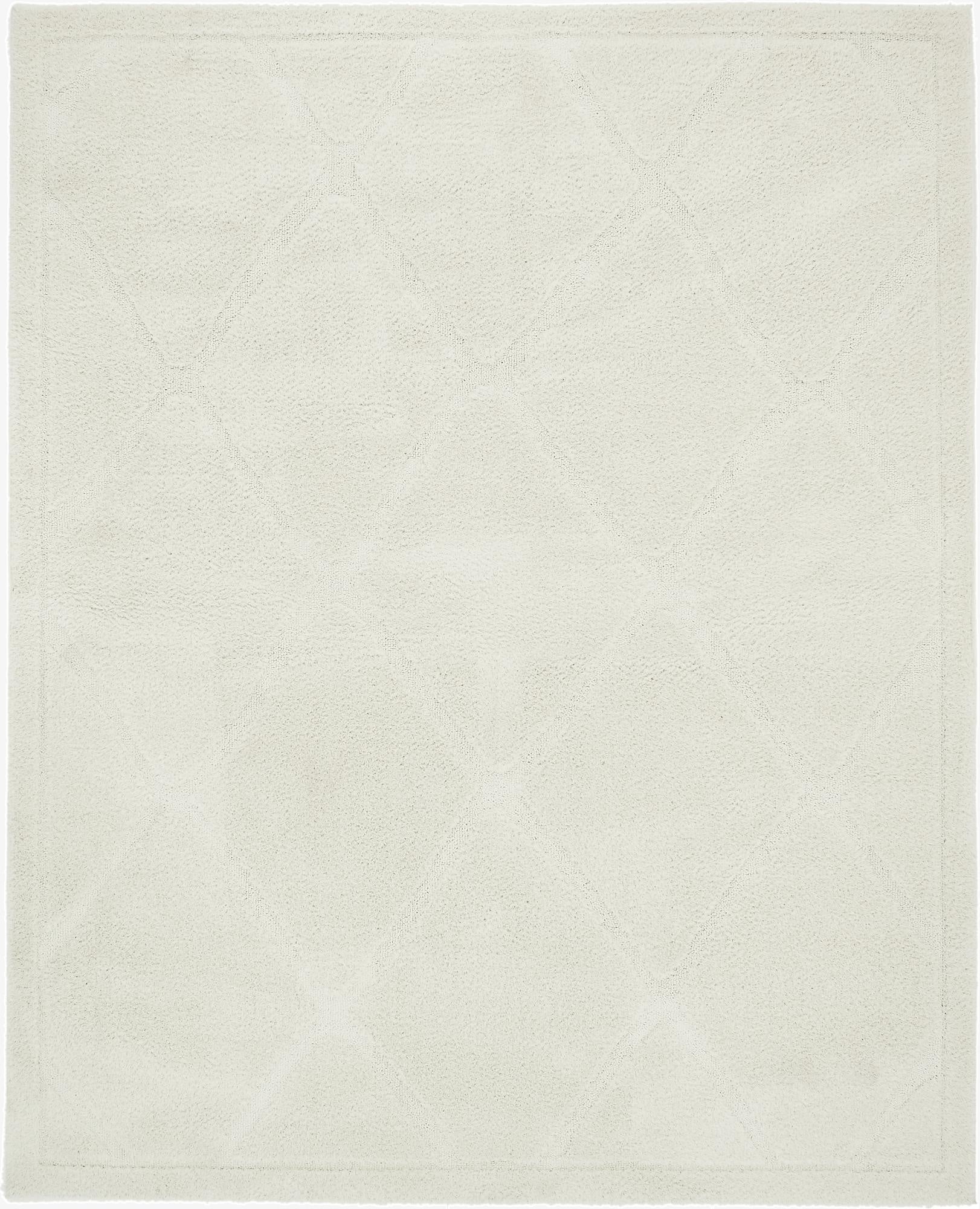 An 8x10 rectangular ivory shag rug with a subtle high/low trellis pattern, perfect for a living room.