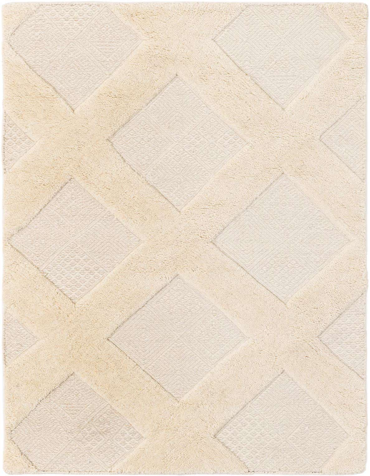 A 3x5 rectangular ivory and cream wool rug with a high/low pile, featuring a geometric lattice pattern.
