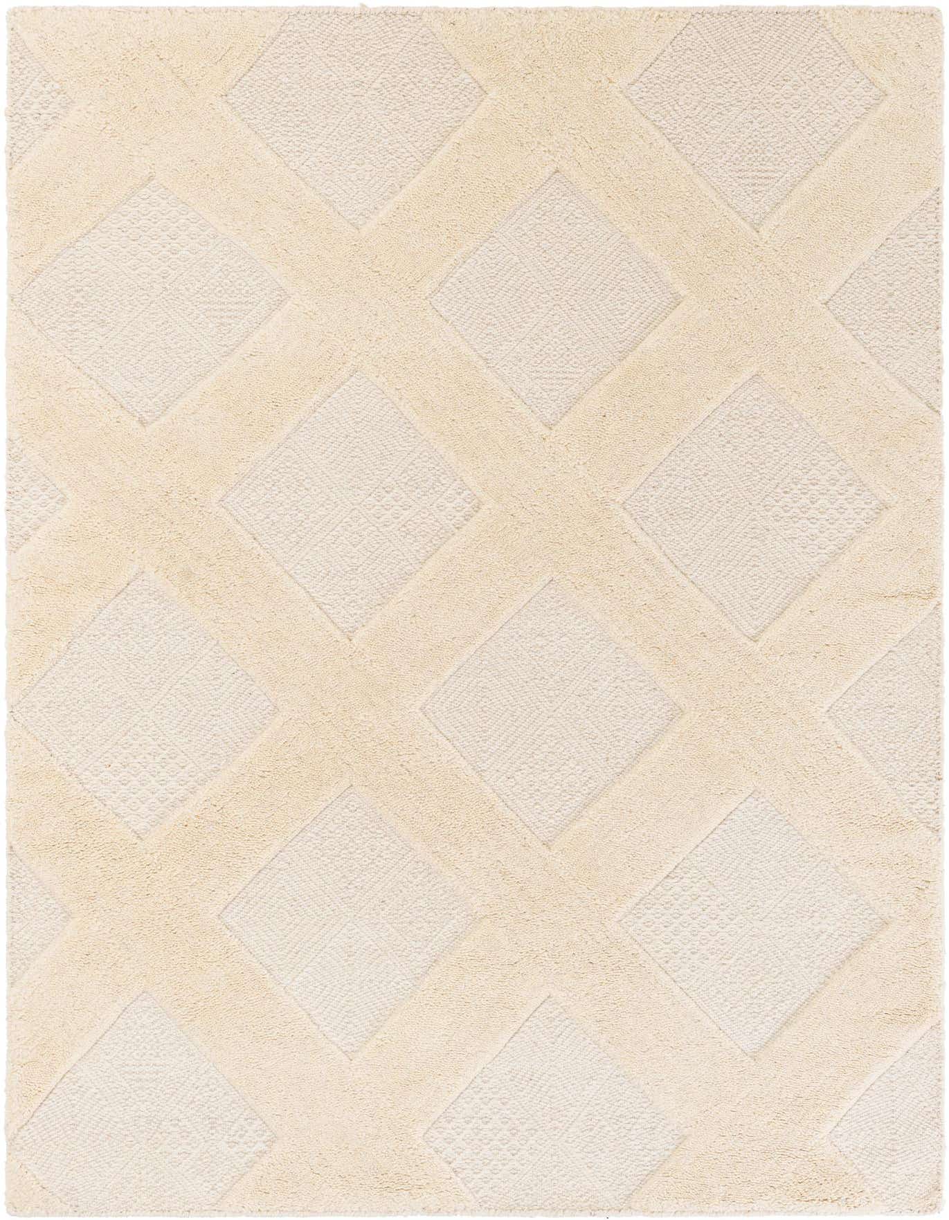 A 4x6 rectangular ivory and white wool rug with a modern lattice diamond pattern, ideal for a living room.