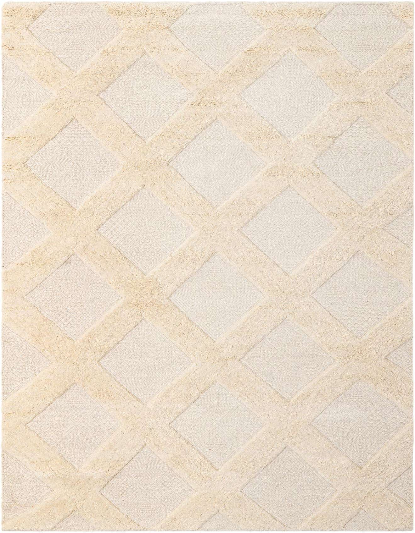 A 5x8 rectangular ivory and cream wool rug with a modern lattice pattern, ideal for a living room.