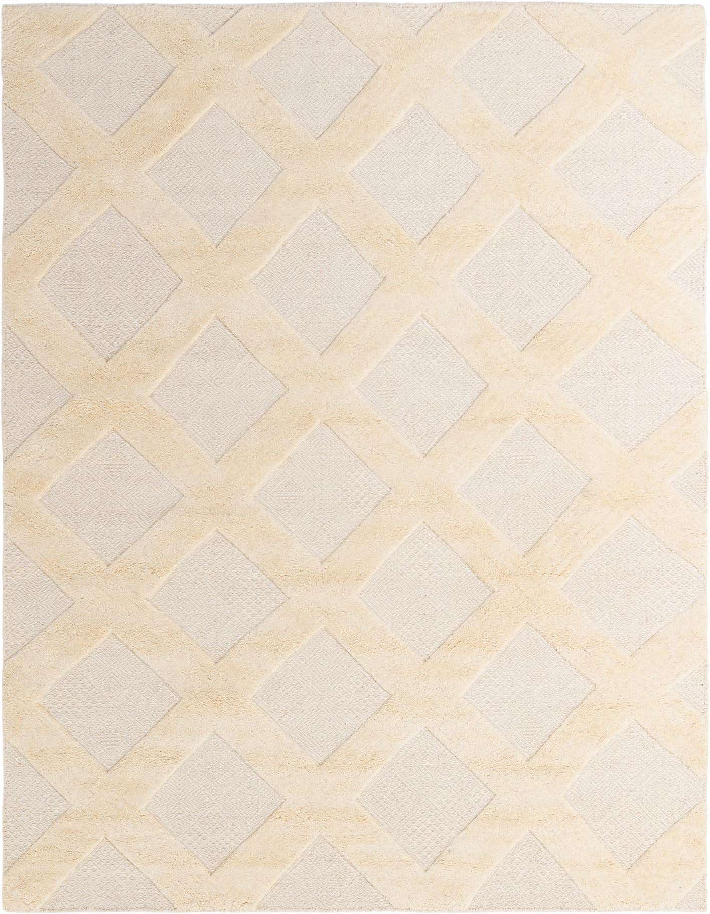 A 6x9 rectangular ivory and cream wool rug featuring a modern lattice pattern with textured diamond shapes.