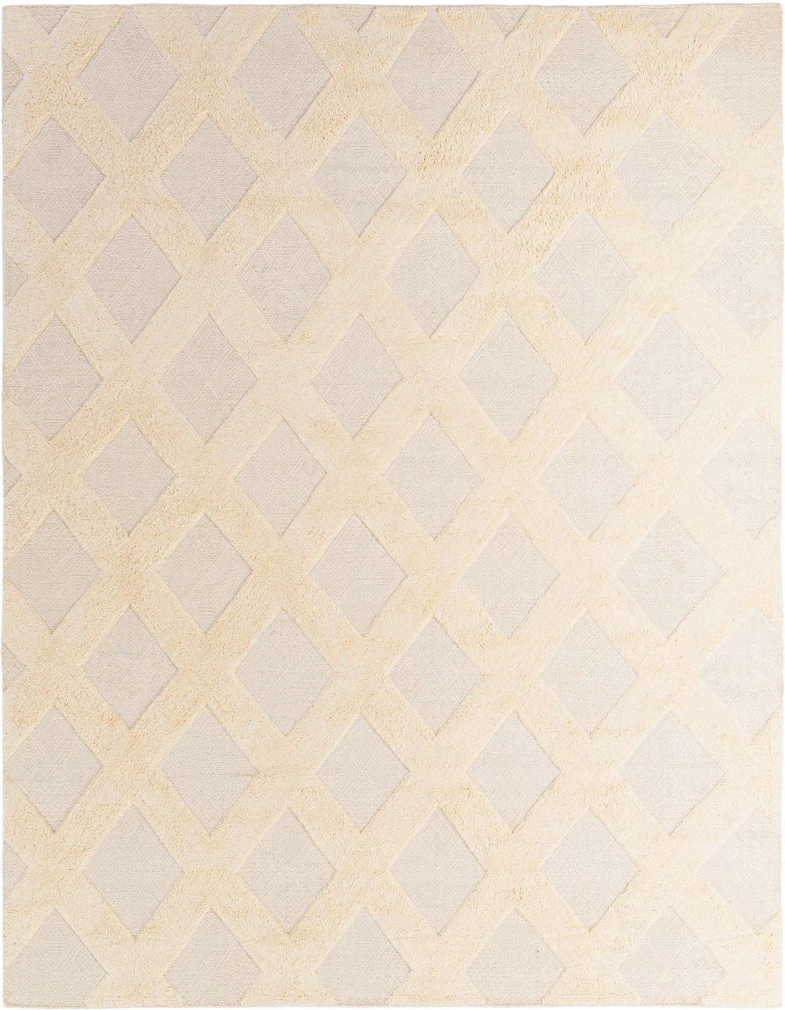 A 9x12 rectangular ivory and cream wool area rug with a raised geometric lattice pattern, suitable for a living room.