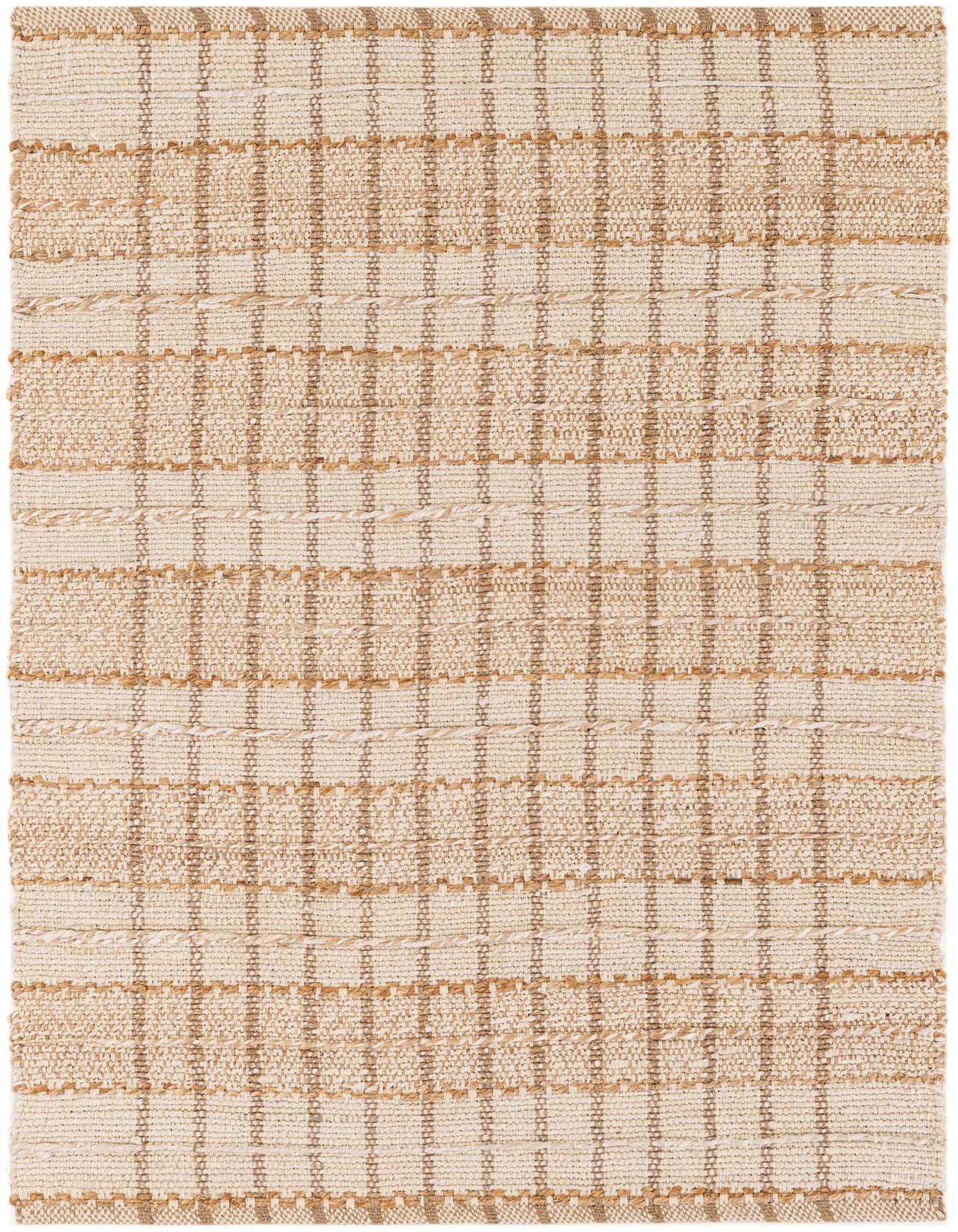 A 4x6 rectangular ivory and natural jute rug with a modern abstract striped and checkered pattern, showcasing its textured flatweave.