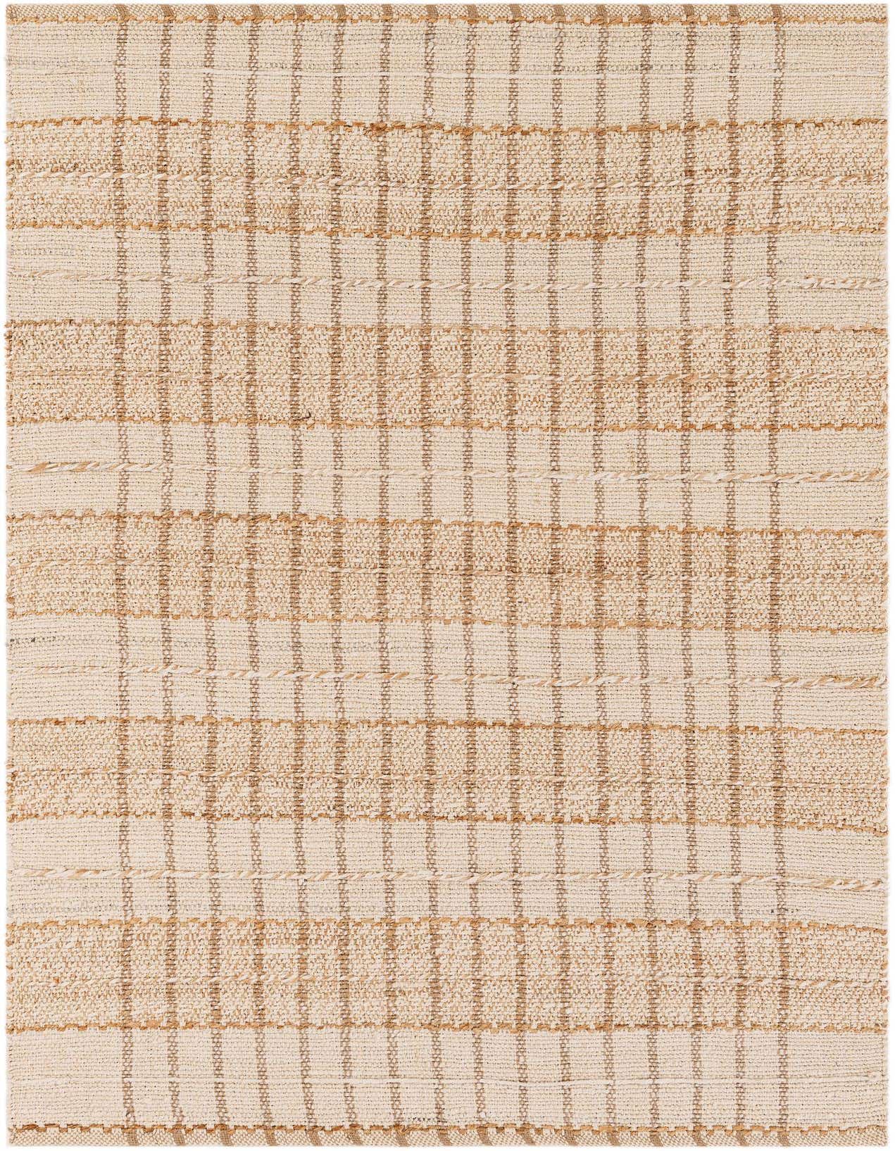 A 5x8 rectangular Laurel Handwoven Jute rug featuring an abstract grid pattern in ivory and natural jute tones.