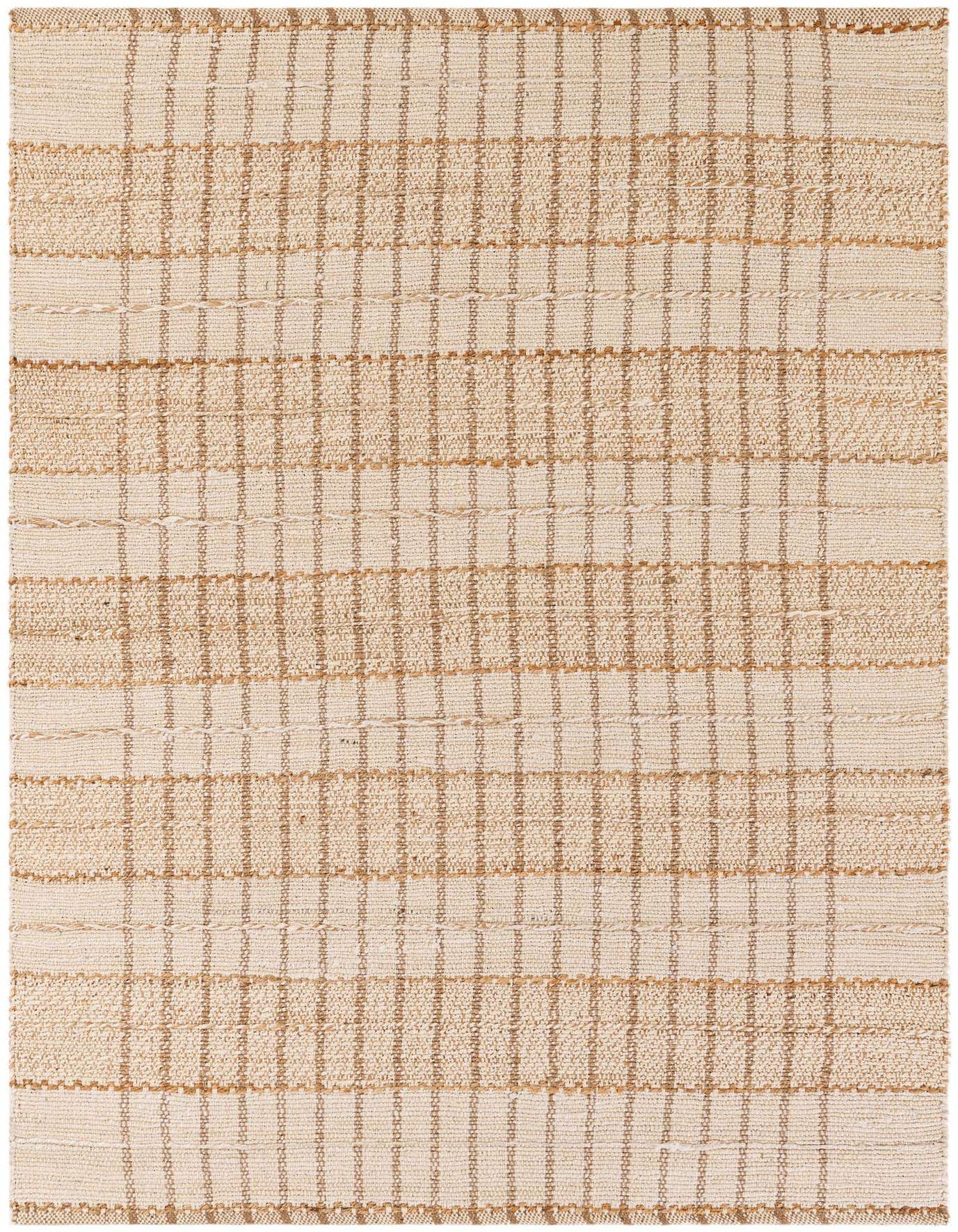 A 6x9 rectangular ivory and cream jute and cotton rug with a textured abstract grid pattern, suitable for a living room.