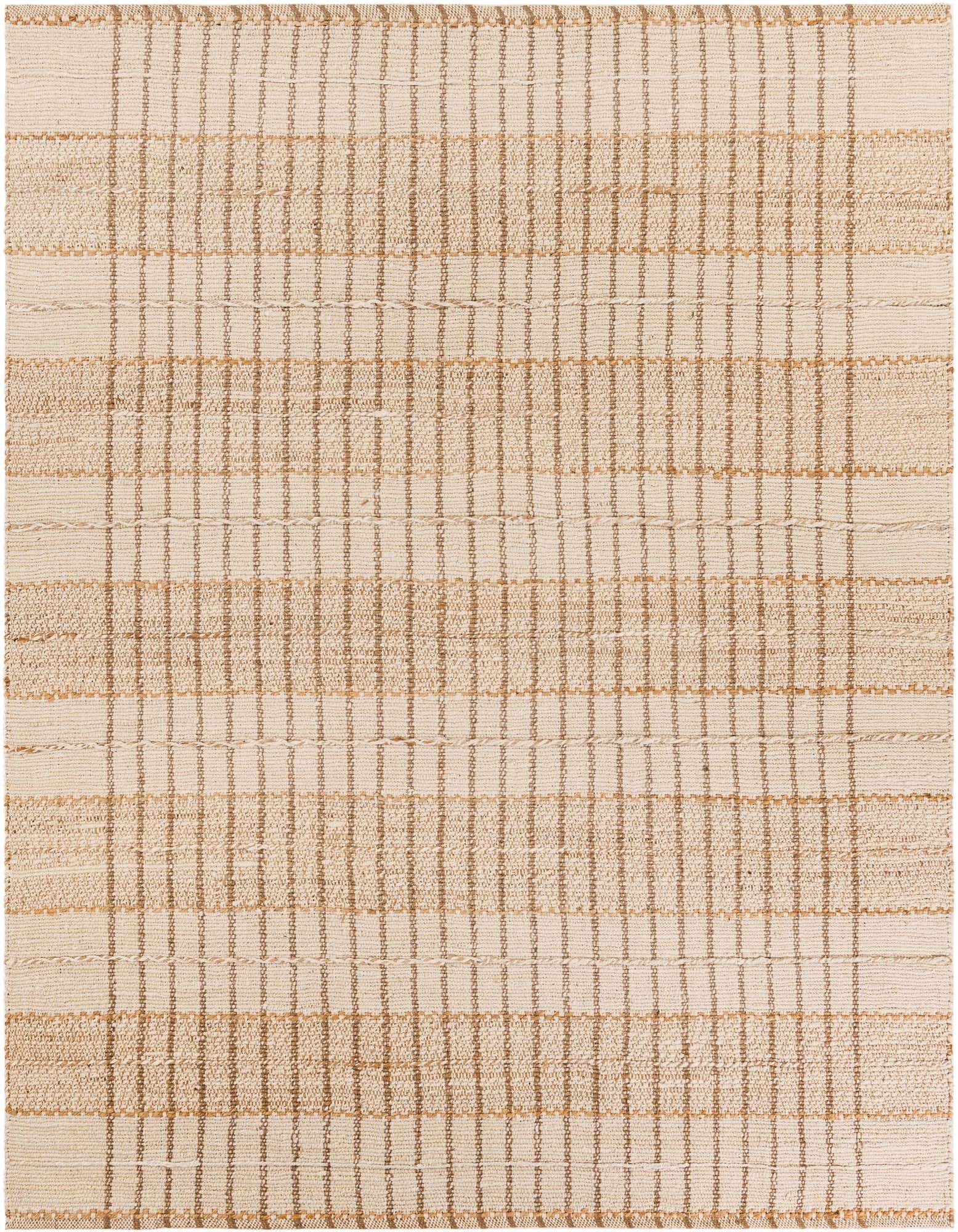 An 8x10 rectangular ivory and cream flatweave rug with a modern grid pattern and textured jute details.