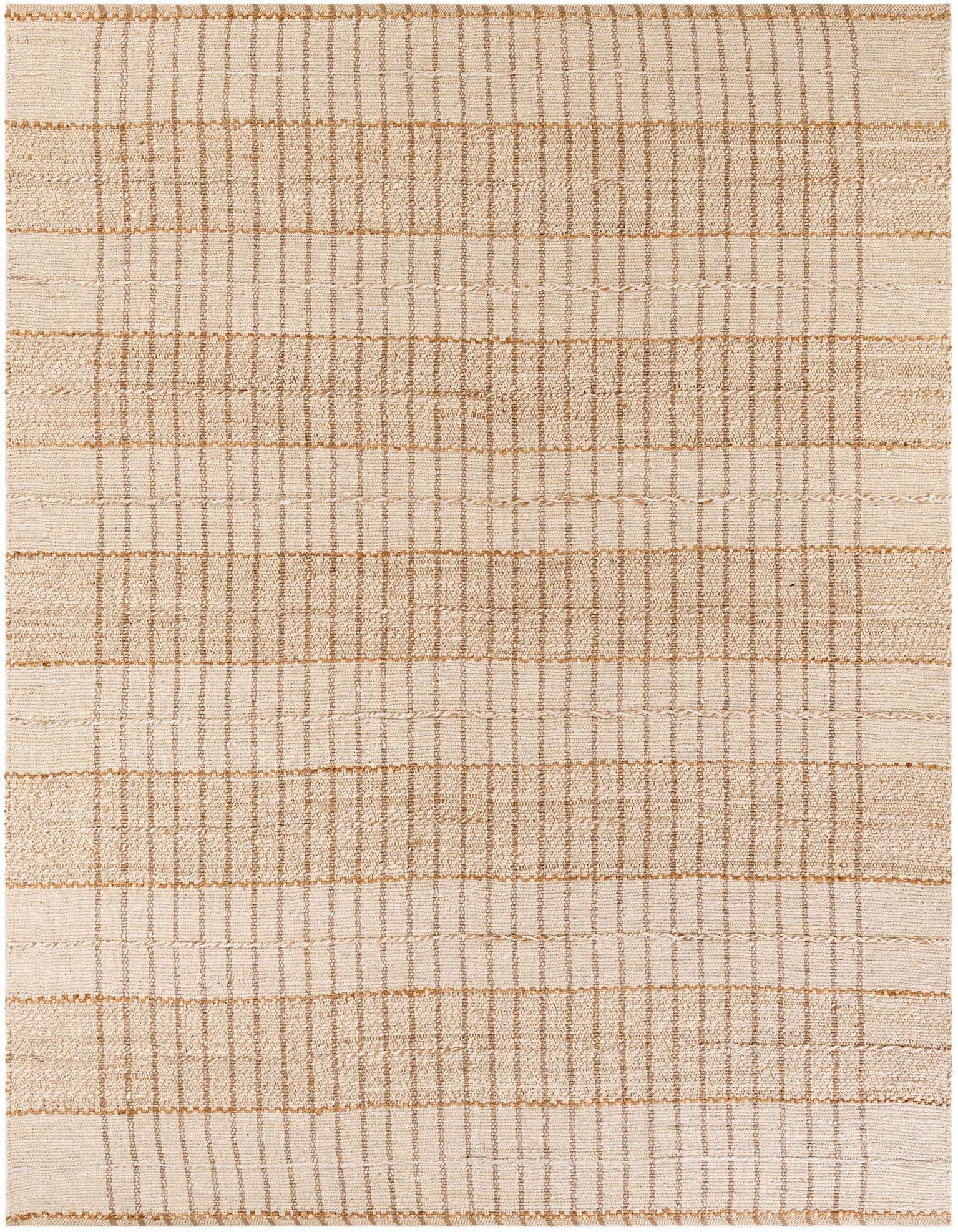 A 9x12 rectangular ivory and cream jute rug with a modern abstract striped pattern and textured pile.