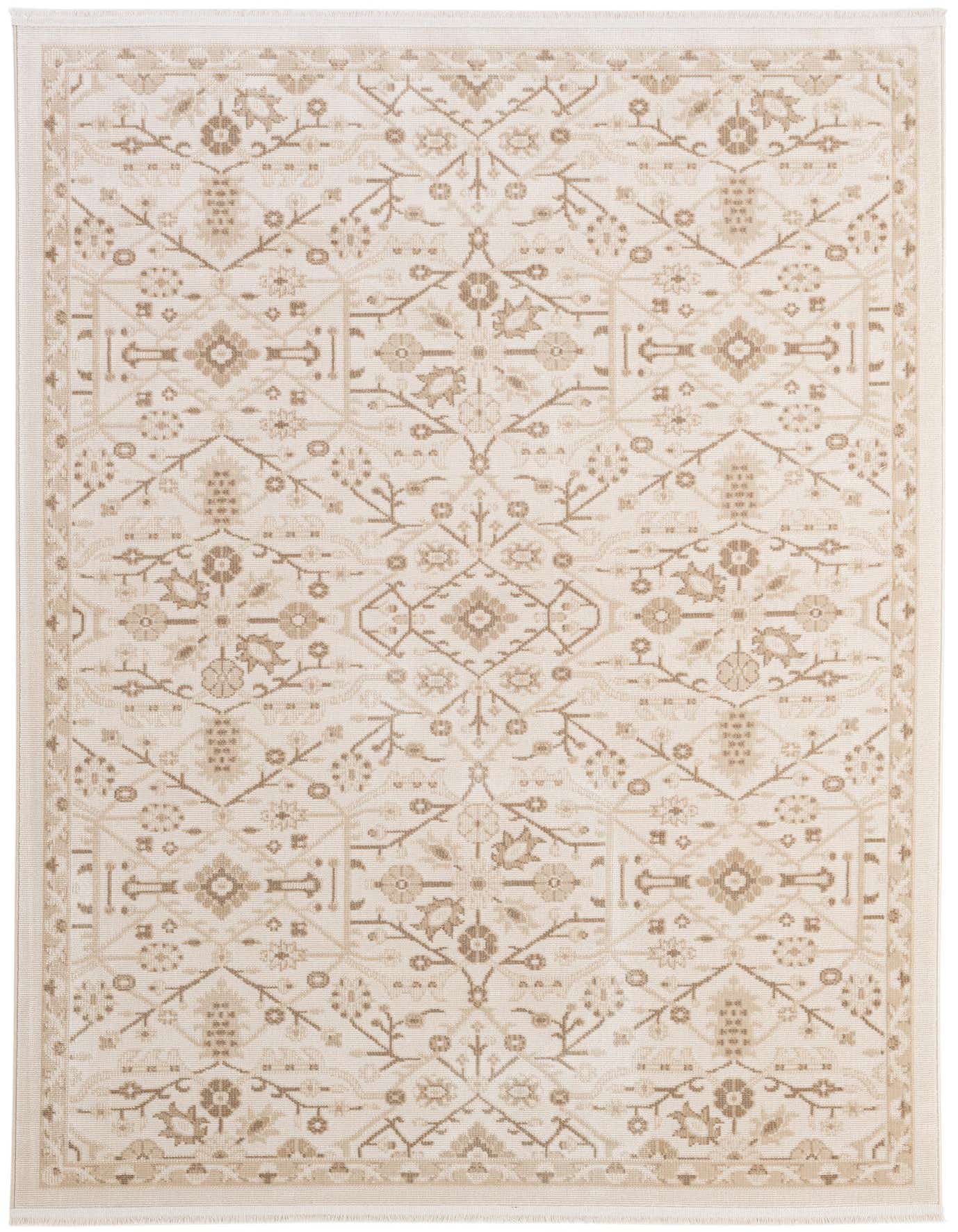 A 5x8 rectangular Lola Collection rug in ivory and cream with a detailed vintage Oriental pattern, suitable for a living room or bedroom.