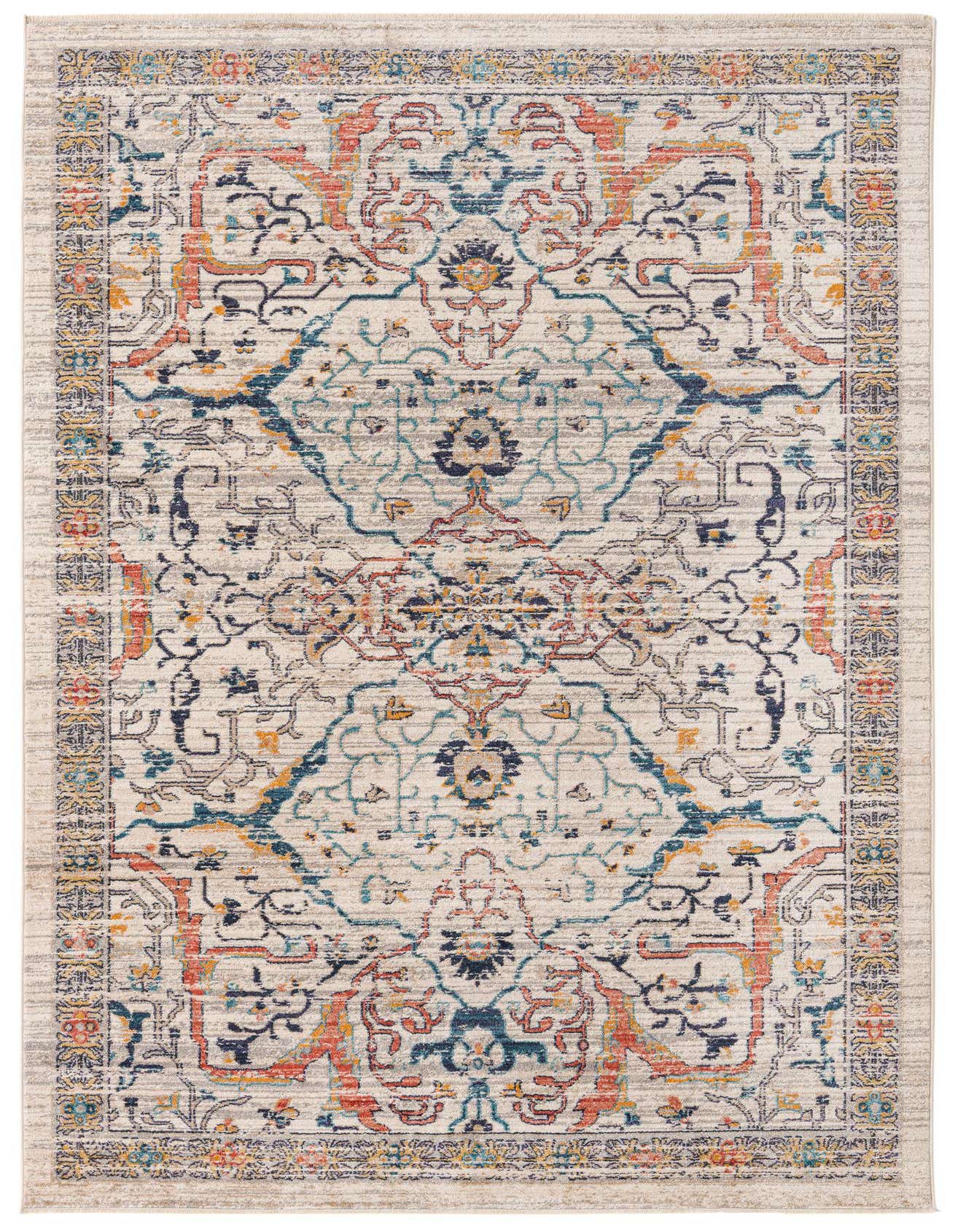 A 6x9 rectangular Lola Collection rug featuring a distressed traditional tribal pattern in ivory, cream, blue, and orange.