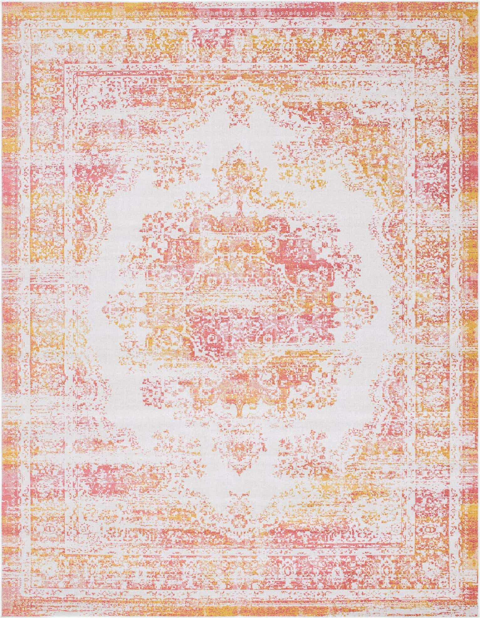 A 9x12 rectangular ivory and cream rug with a distressed Bohemian medallion pattern in shades of orange and pink.