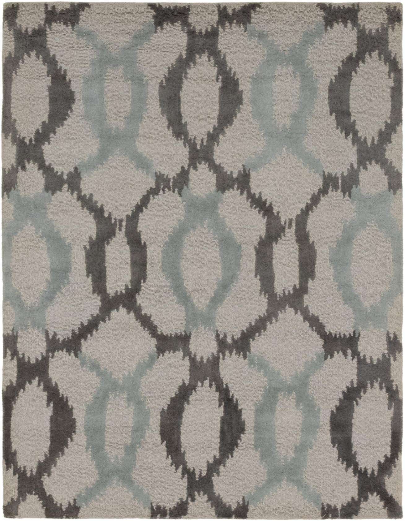 A 5x8 rectangular Luna rug by Rugs.com with an abstract pattern in ivory, cream, gray, and light blue, featuring a high pile.