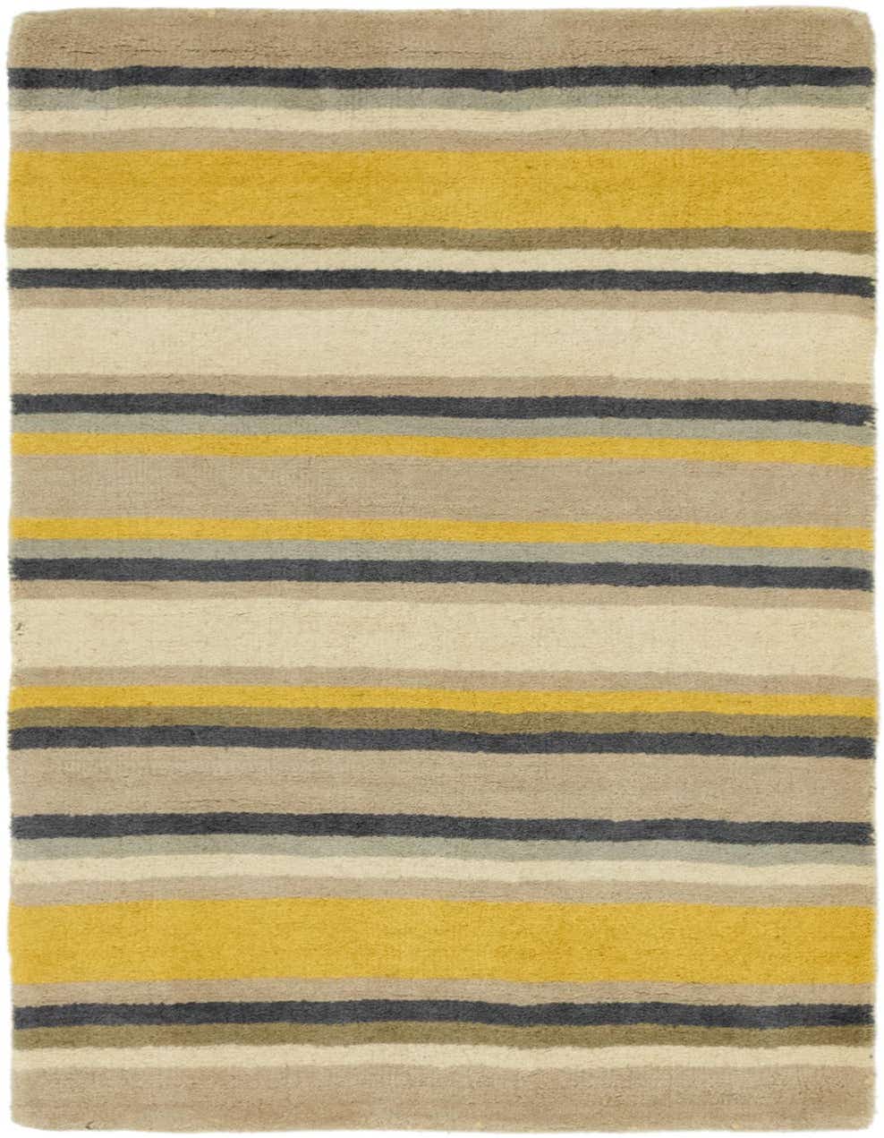 A rectangular 3x5 Luna rug featuring horizontal stripes in varying widths of ivory, cream, yellow, and dark gray.