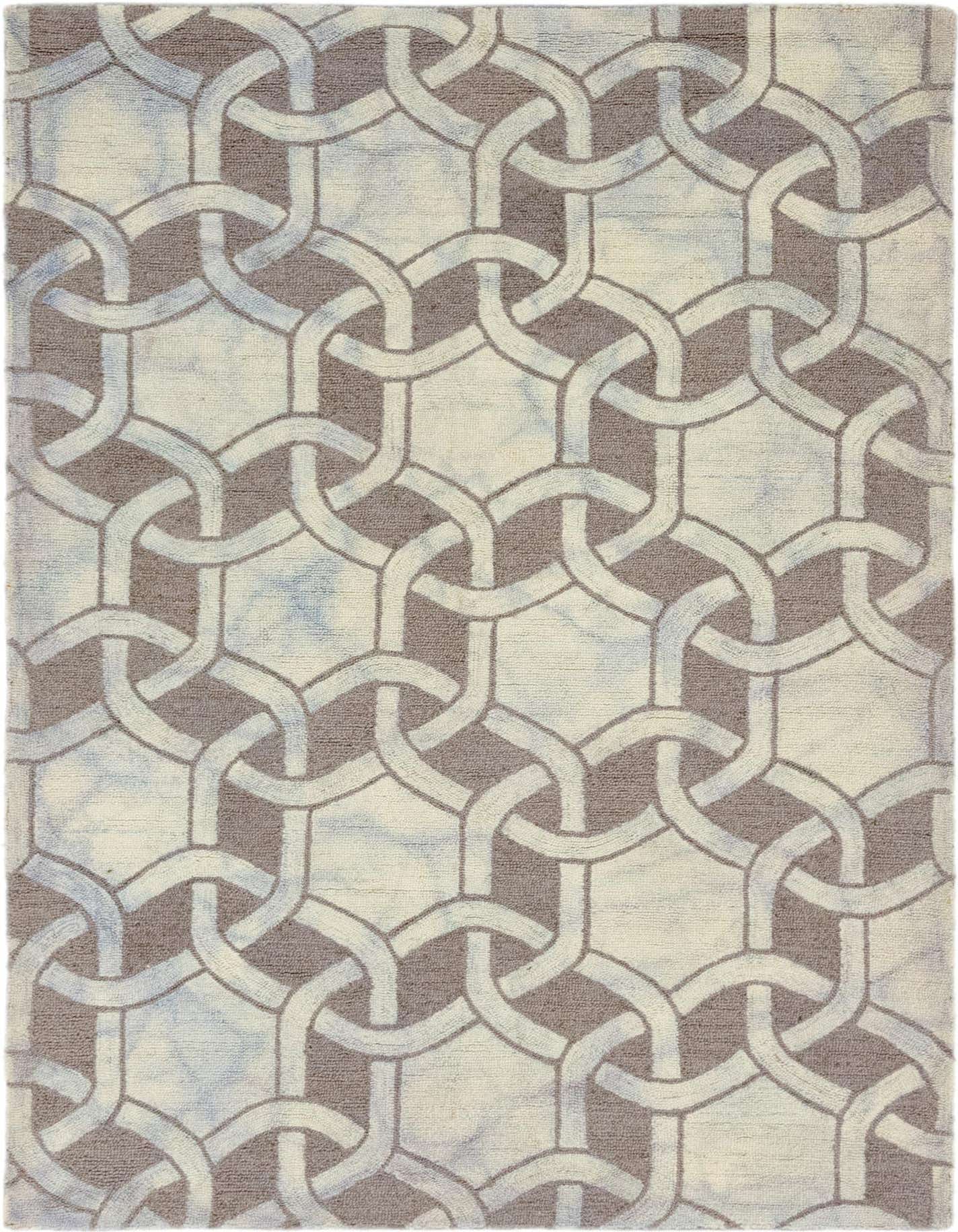 A 5x8 rectangular Luna Collection wool rug featuring an abstract geometric pattern in ivory, cream, and subtle blue tones.