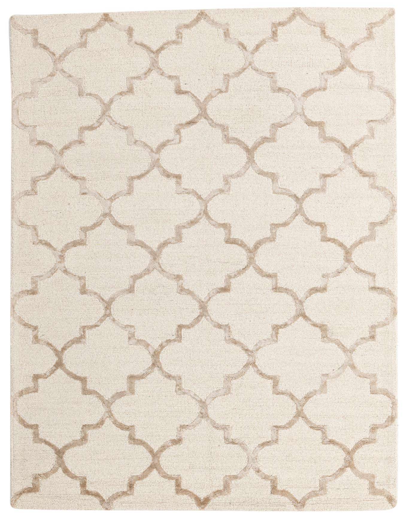 A 5x7 rectangular ivory and cream rug with a subtle modern abstract pattern of interconnected quatrefoils.