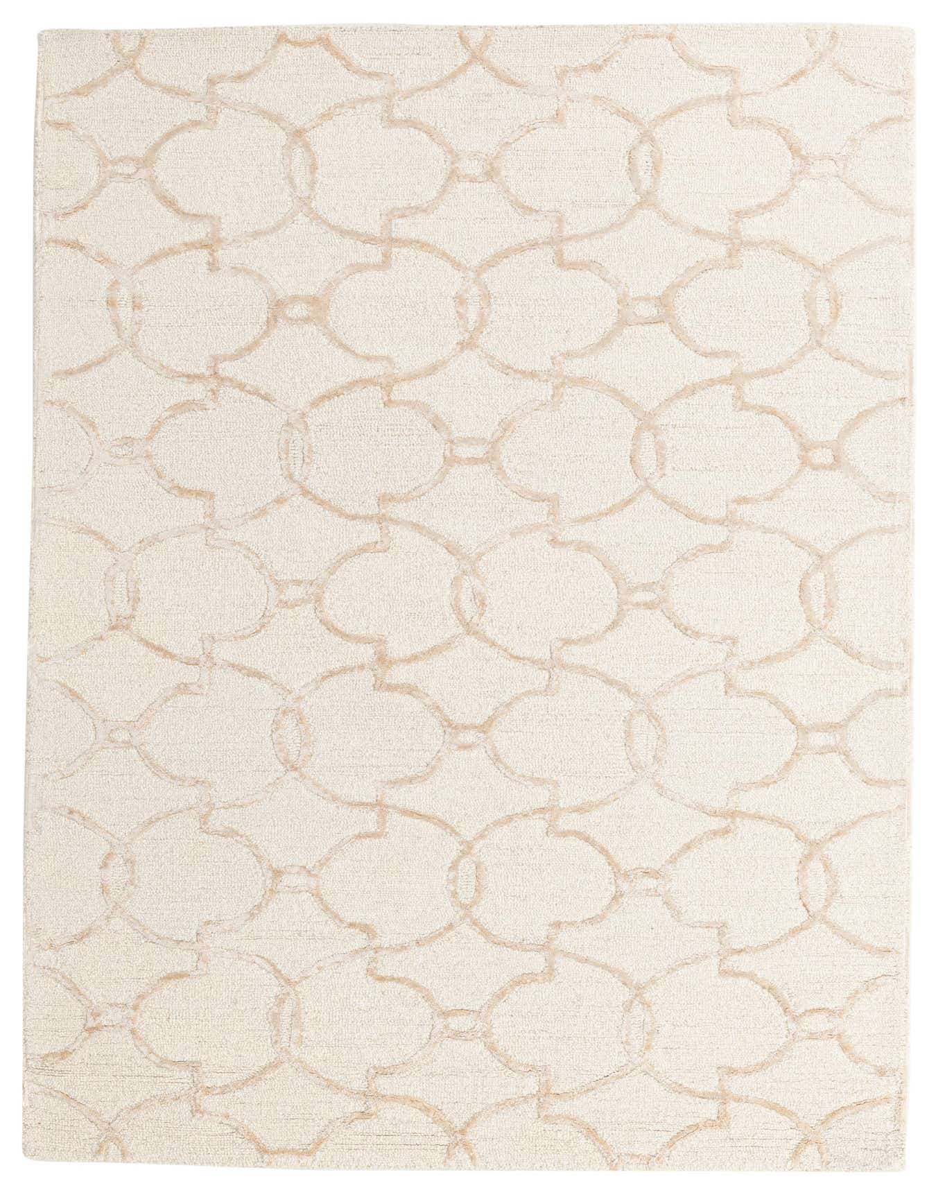 A 5x8 rectangular ivory and cream modern area rug with a high pile and geometric interlocking circle pattern.