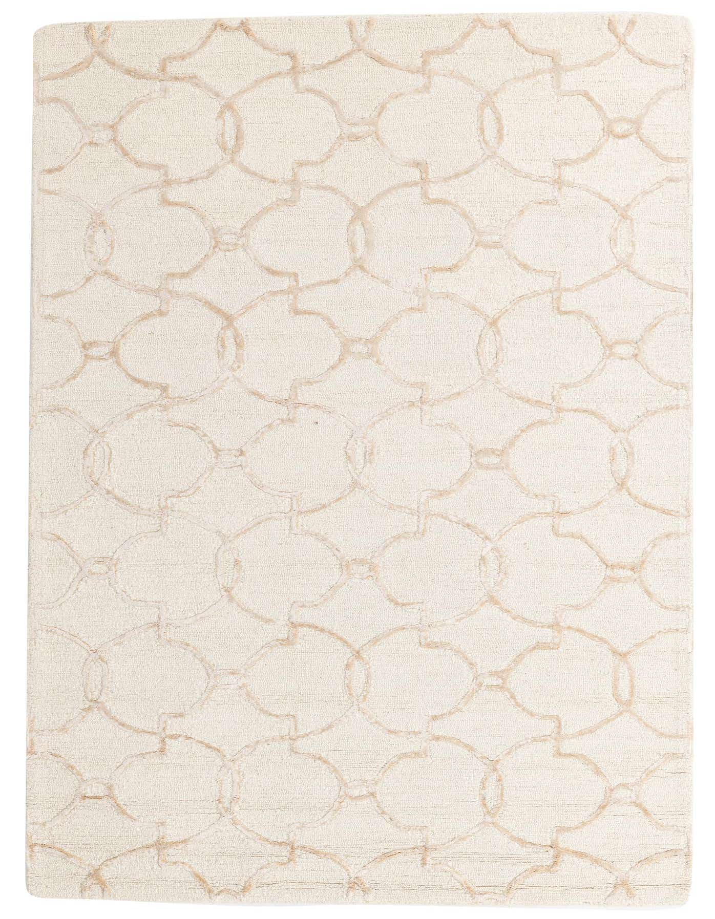 A 5x8 rectangular ivory and cream modern abstract rug with a high pile, perfect for a living room.