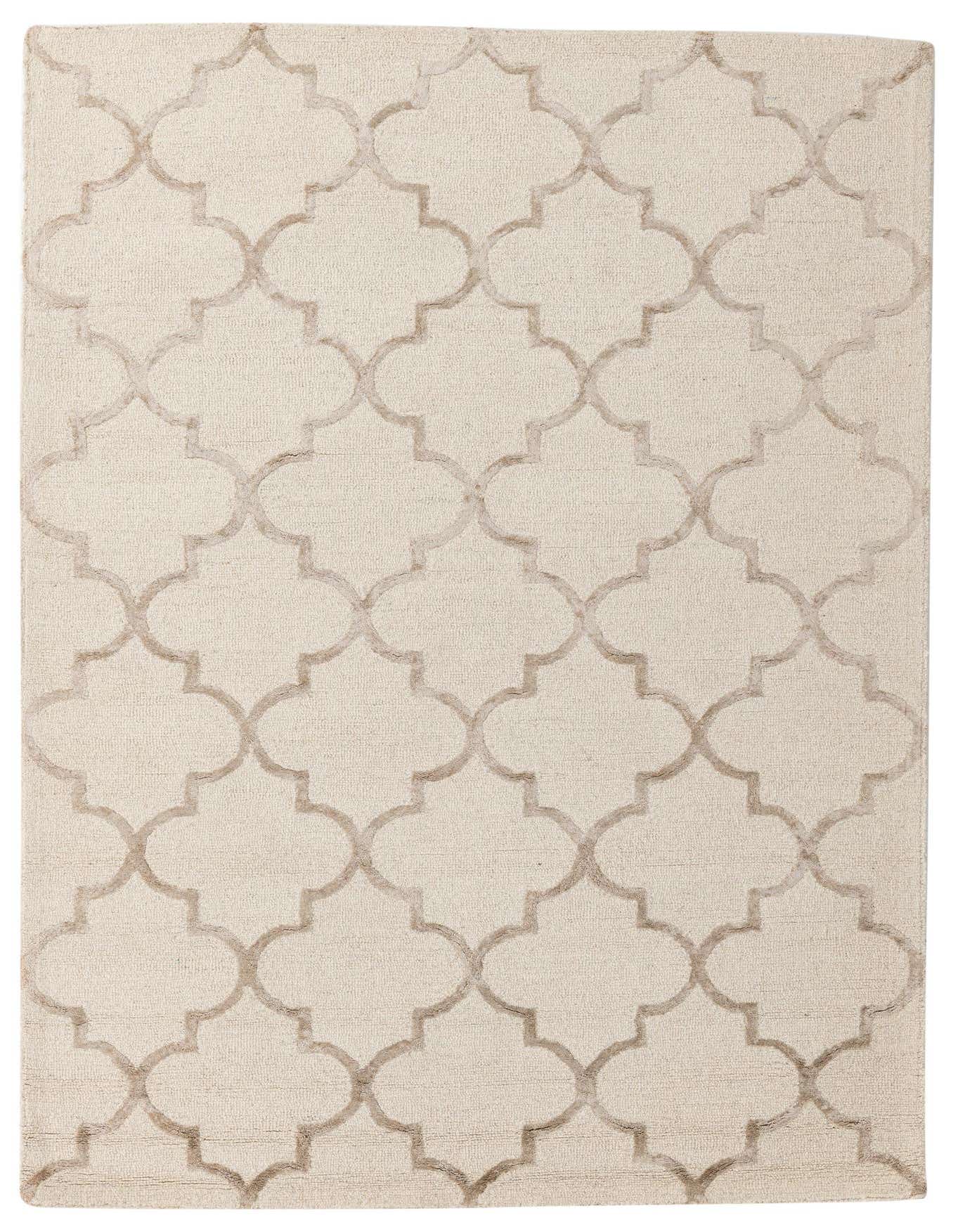 A 5x7 rectangular ivory modern rug with a subtle cream geometric quatrefoil pattern, made from wool and silk.