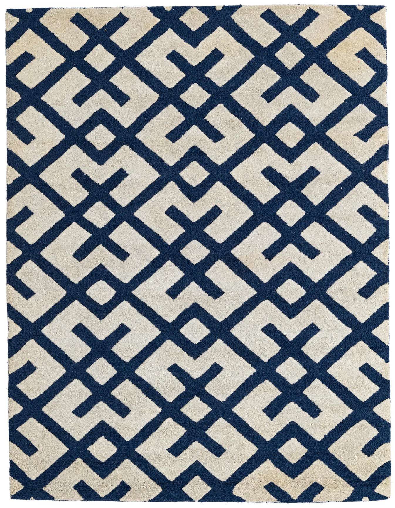 A rectangular 5x8 Luna Collection rug with an ivory and navy blue modern abstract geometric pattern, suitable for a living room.