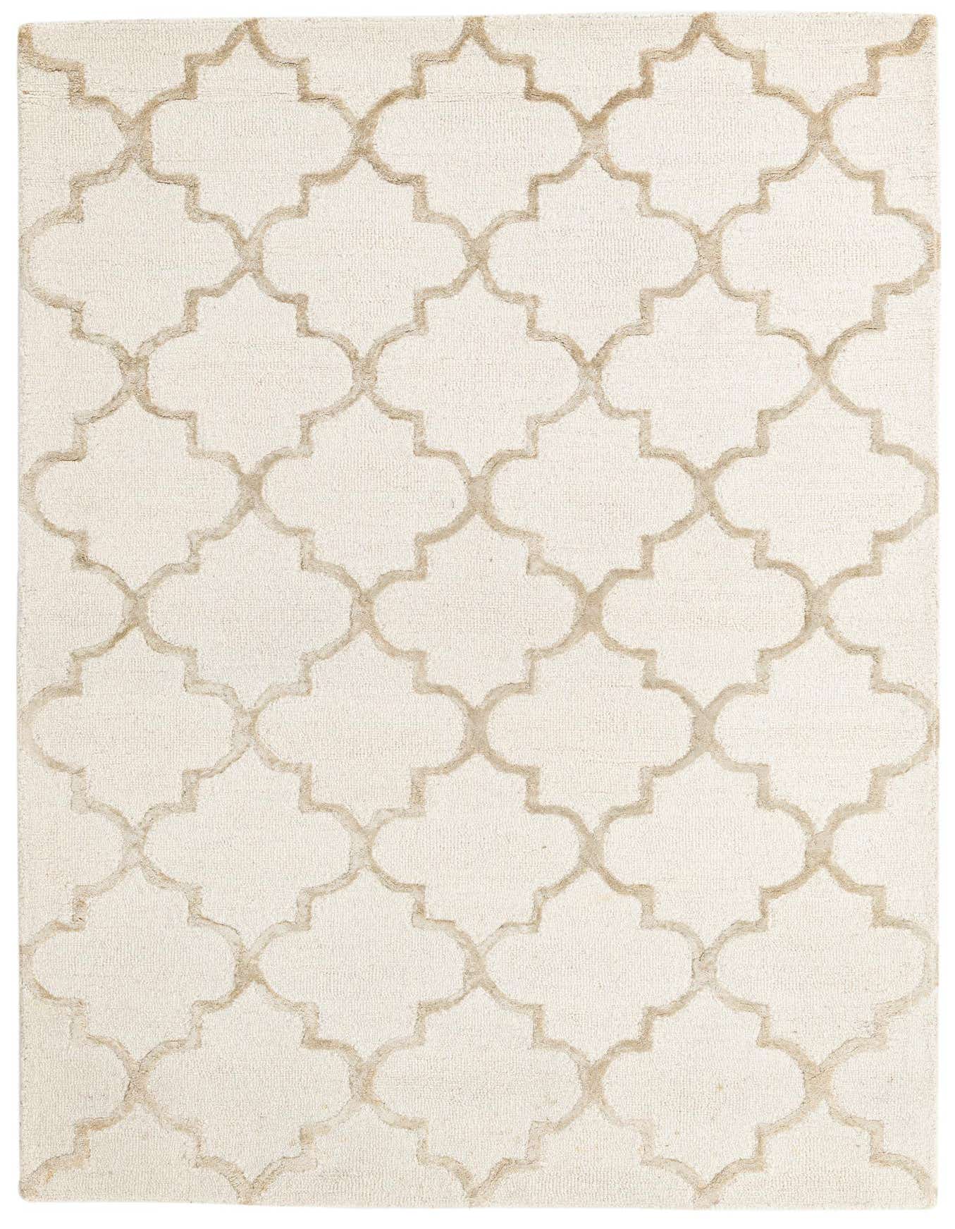A 5x7 rectangular ivory and cream area rug with a high pile and a modern abstract quatrefoil pattern.