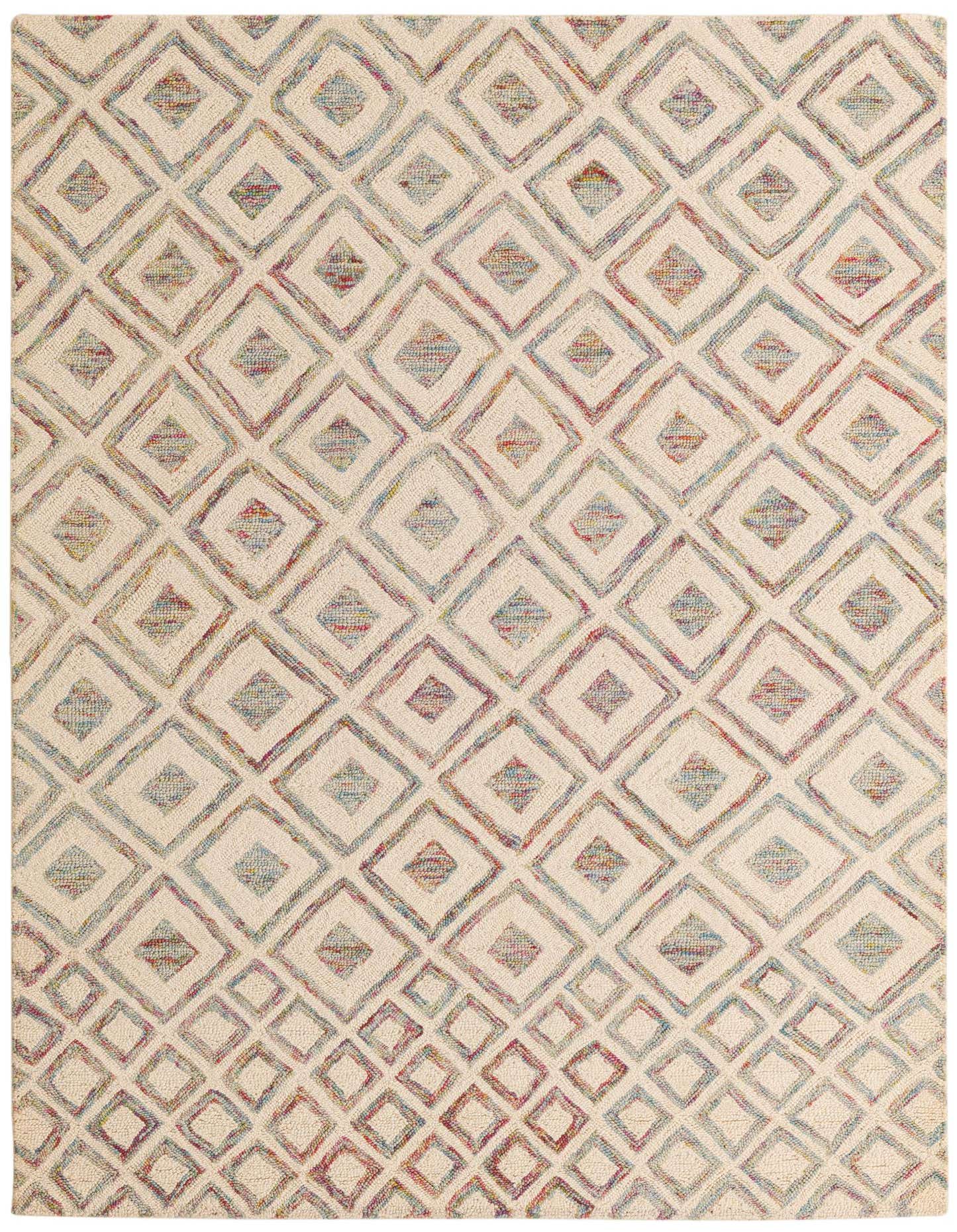 A rectangular 5x8 ivory and cream area rug with a modern abstract diamond pattern in various muted colors.