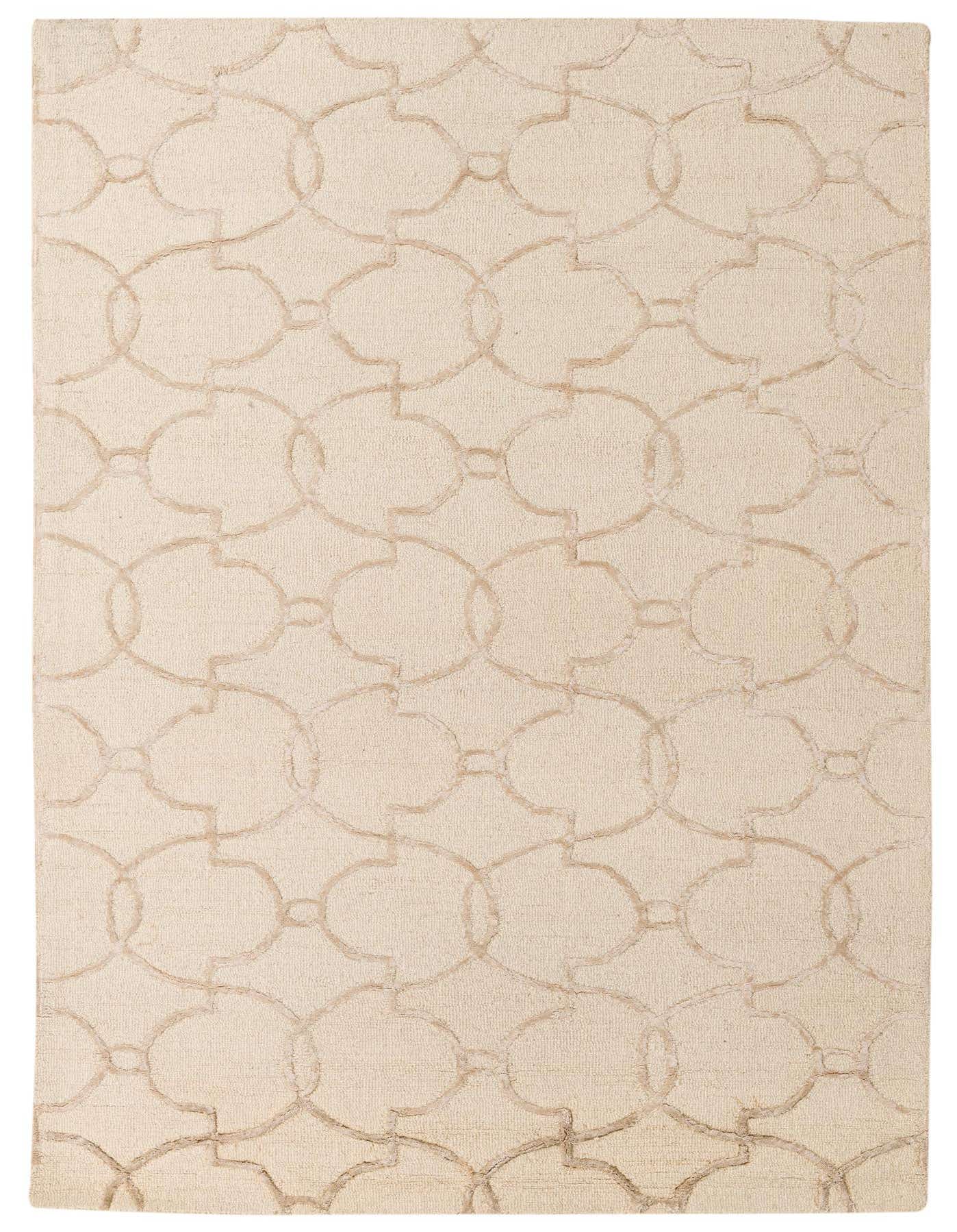 A 5x8 rectangular Luna Collection rug in ivory and cream with a modern abstract geometric pattern made from wool and silk.