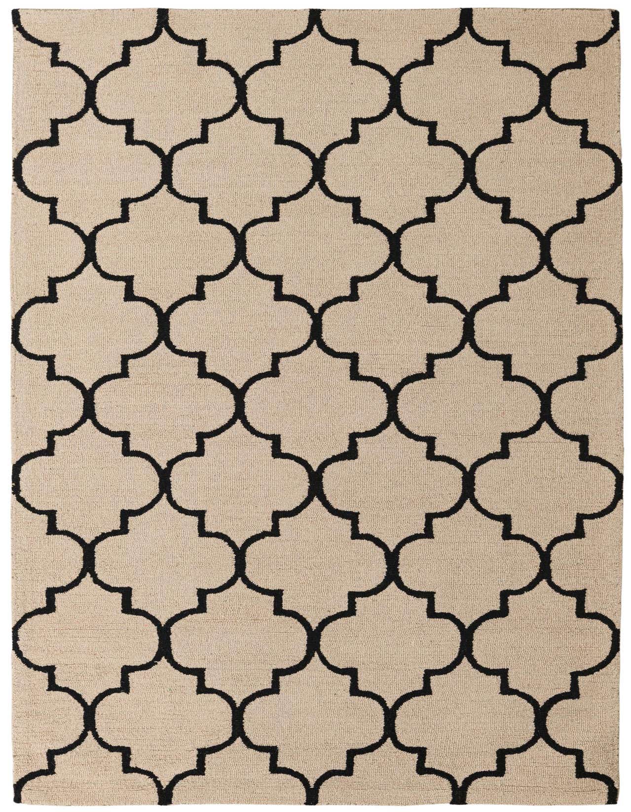 A 5x8 rectangular ivory wool rug with a black modern abstract quatrefoil pattern, ideal for a living room or bedroom.