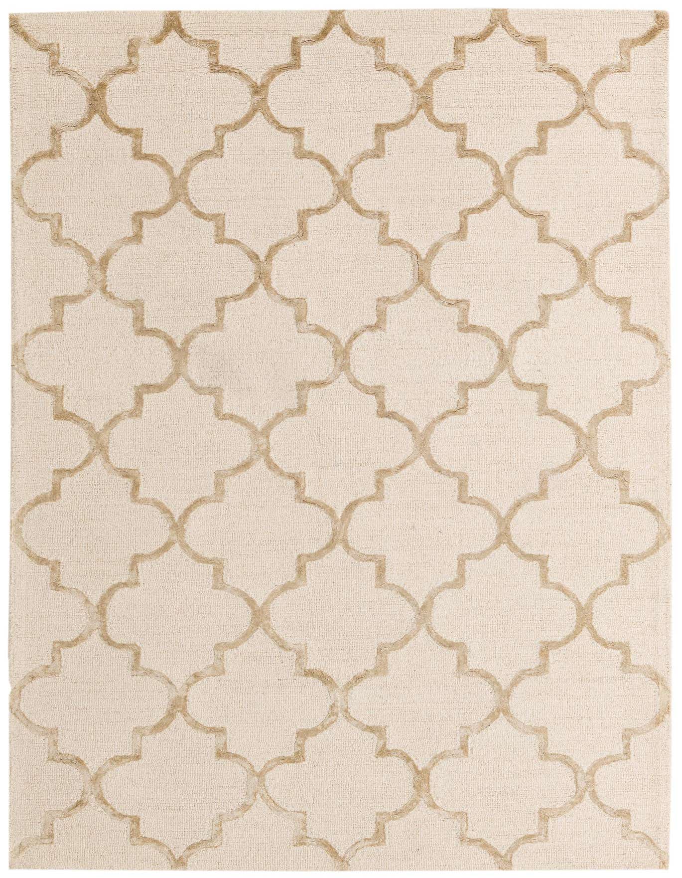 A 5x8 rectangular ivory area rug with a modern abstract trellis pattern in subtle cream tones, suitable for a living room.