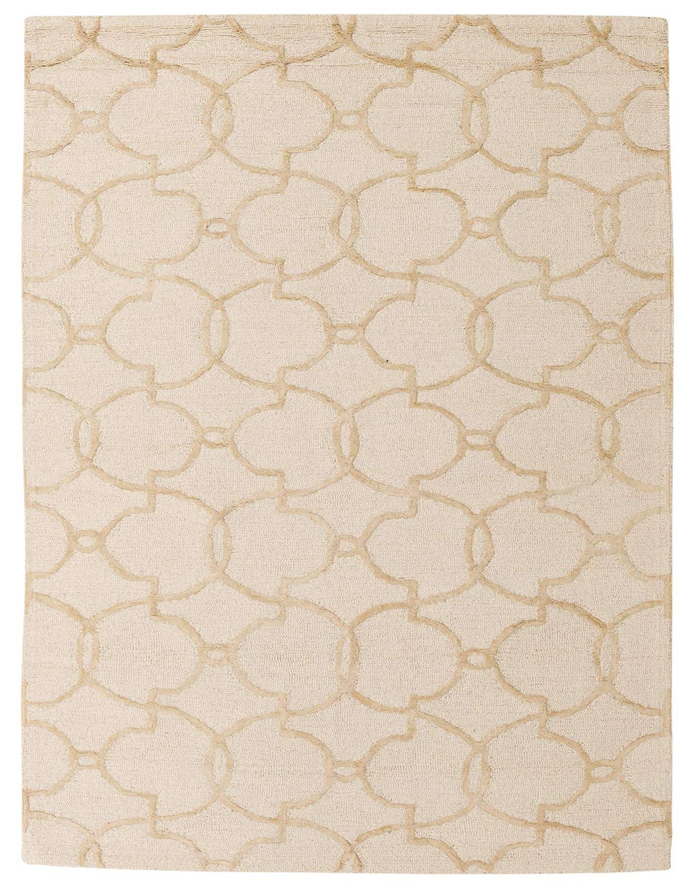 A 5x8 rectangular ivory wool rug with a high pile and a modern abstract geometric pattern of interlocking circles.
