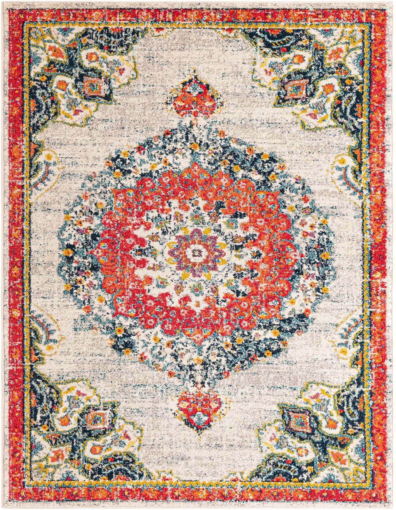 A 5x8 rectangular ivory area rug with a vibrant red, blue, and yellow medallion pattern and a distressed bohemian style.