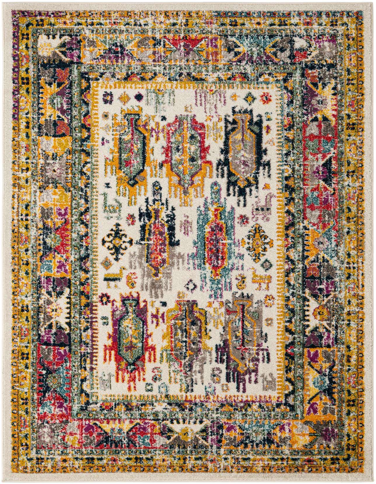 A rectangular 5x8 area rug featuring a vibrant, distressed bohemian pattern in ivory, cream, yellow, red, and purple.