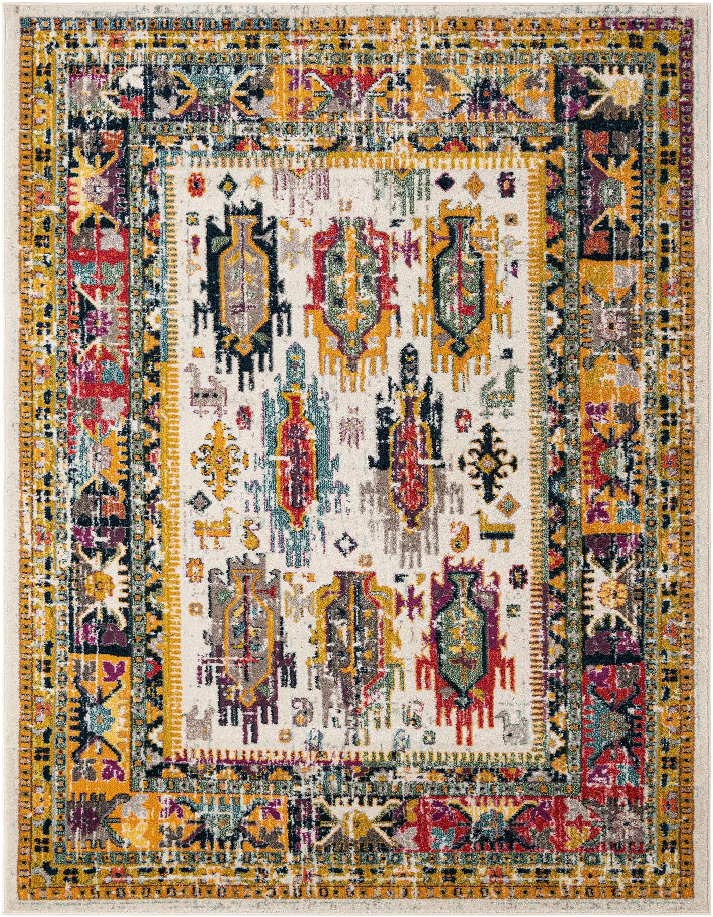 A rectangular 7x10 ivory area rug with a distressed, multi-color bohemian pattern, featuring abstract shapes and a vibrant border.