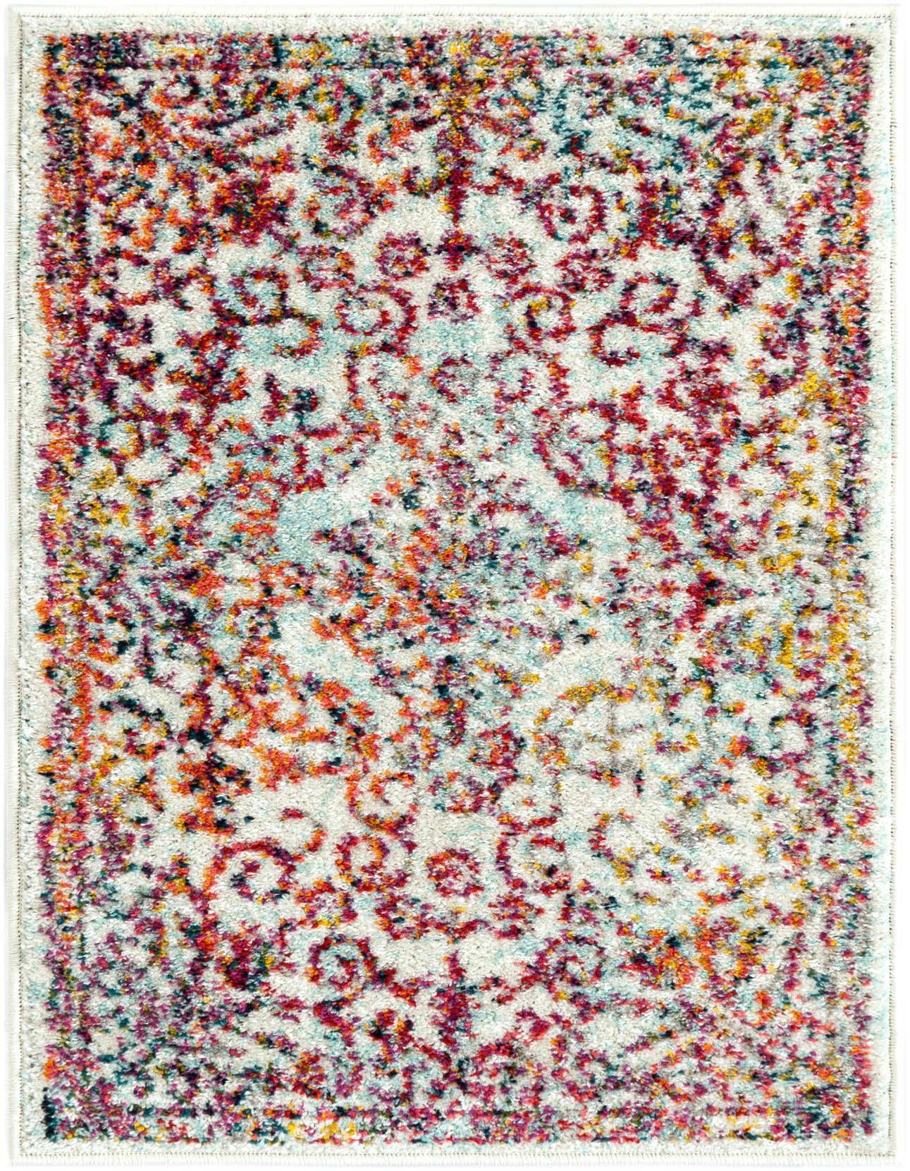 A rectangular 2x3 ivory and cream rug with a distressed, colorful abstract pattern featuring shades of red, orange, yellow, and teal.