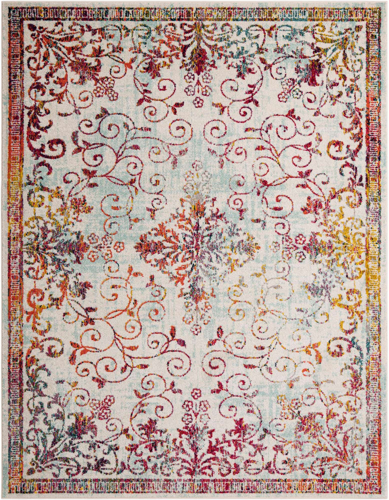 An 8x10 rectangular ivory area rug with a distressed traditional floral and scroll pattern in shades of red, orange, yellow, and blue.