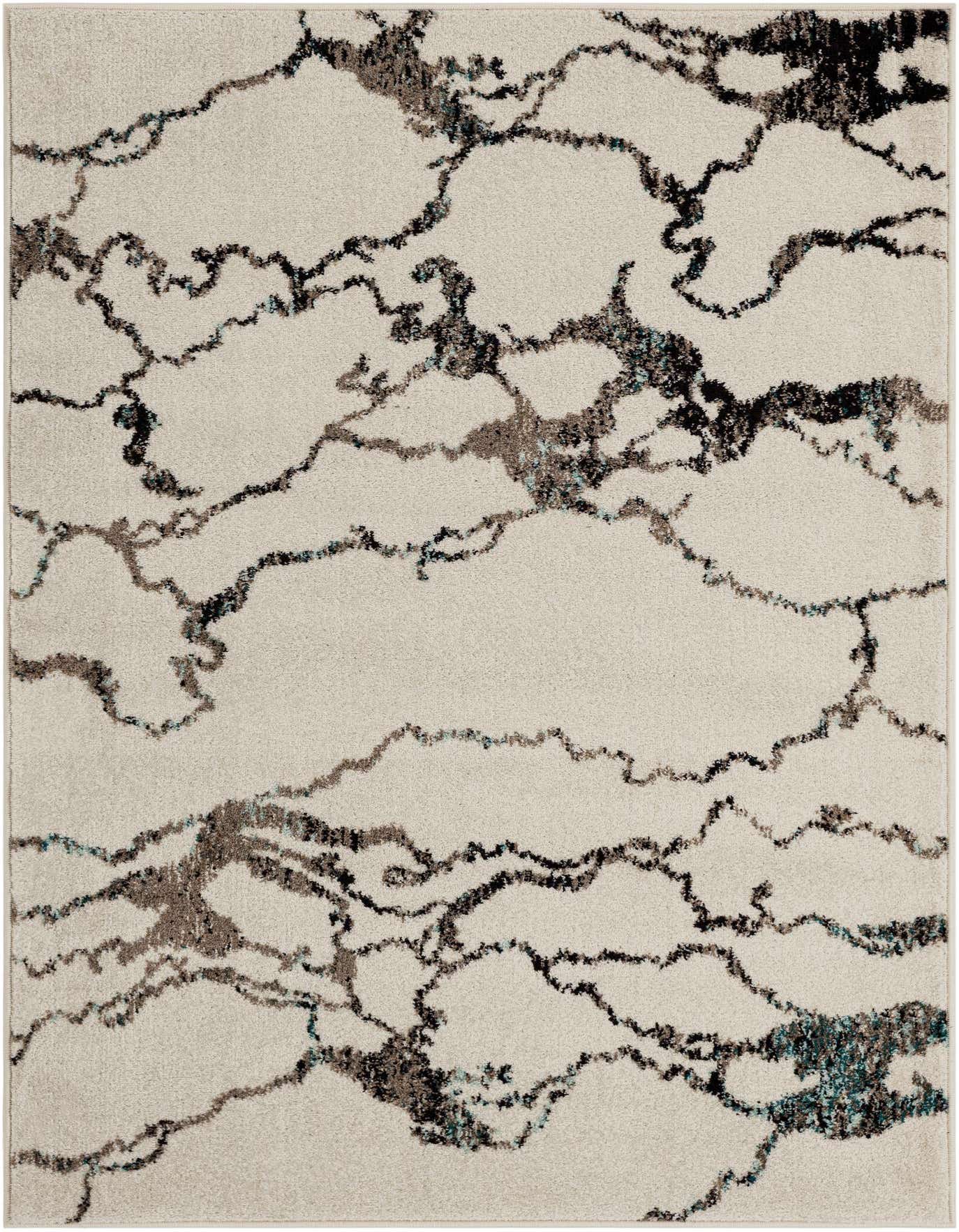 A 4x6 rectangular ivory area rug with an abstract, organic pattern in dark grey, brown, and subtle teal accents.