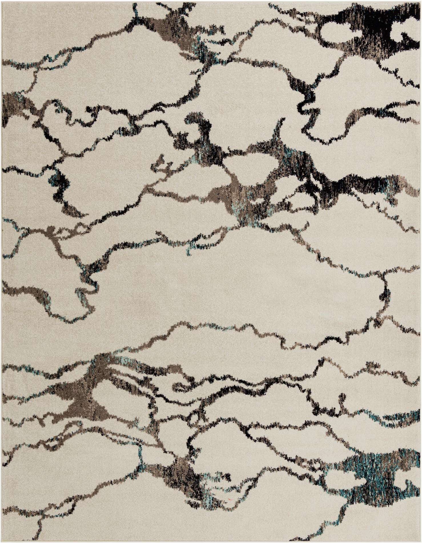 A 9x12 rectangular ivory area rug featuring an abstract pattern of dark brown, black, and teal wavy lines.