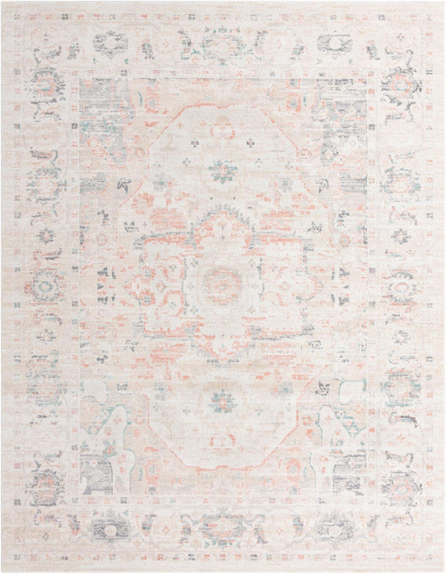 A 10x13 rectangular ivory and cream vintage medallion rug with subtle peach and teal accents, perfect for a living room.