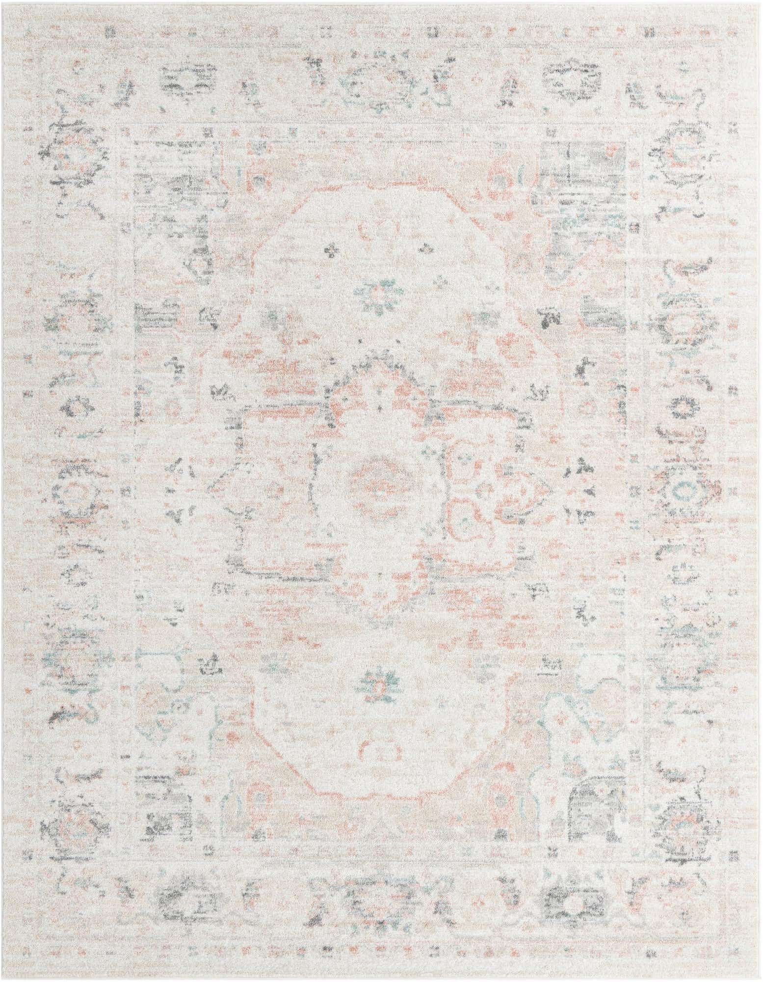 An 8x11 rectangular ivory and cream rug with a faded traditional medallion pattern in subtle peach, gray, and teal tones.