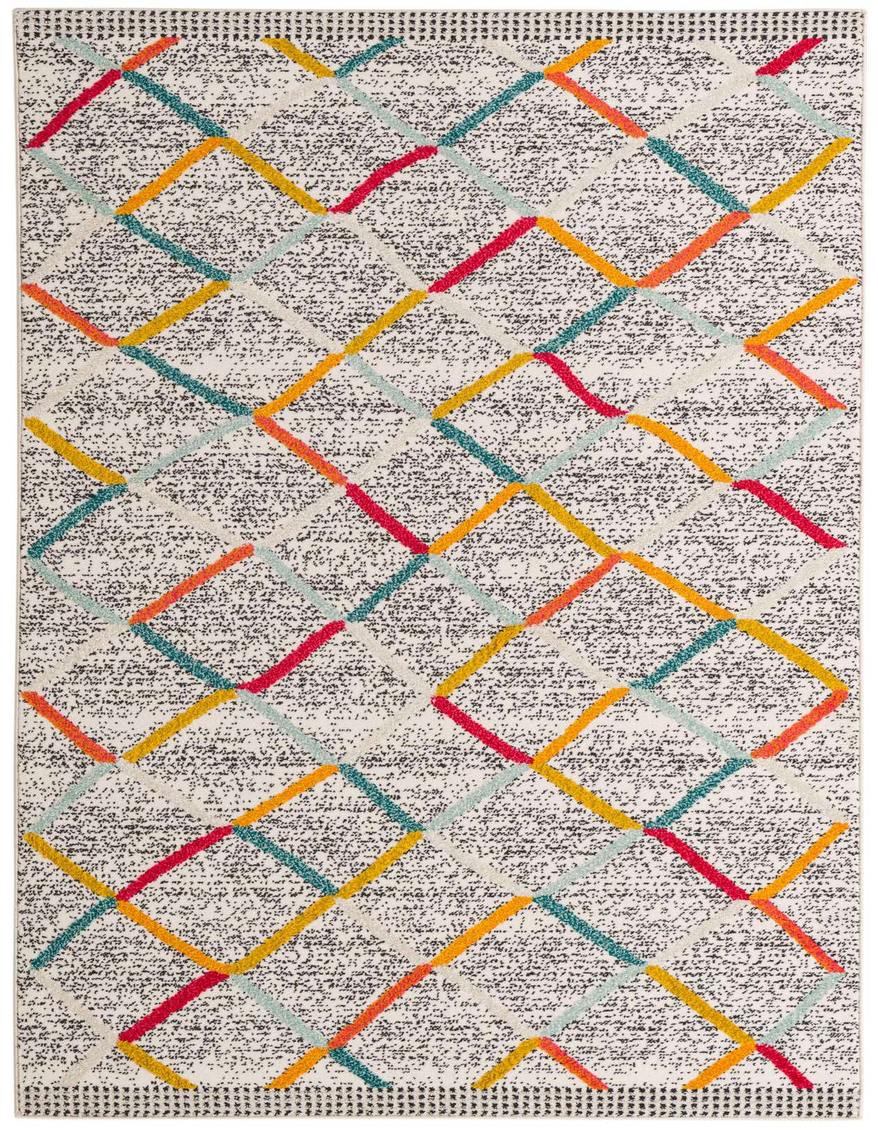 A 5x8 rectangular ivory rug with a modern abstract pattern of colorful intersecting lines in red, orange, yellow, and teal.