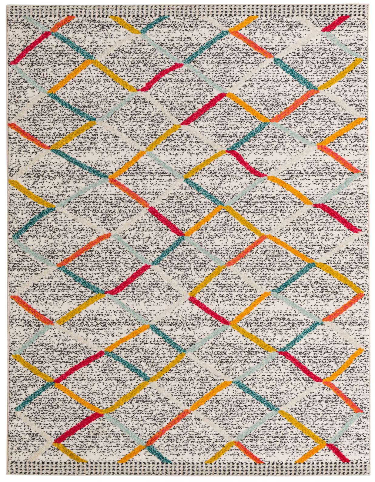 A 5x8 rectangular ivory area rug with a modern abstract pattern of colorful geometric lines over a speckled background.
