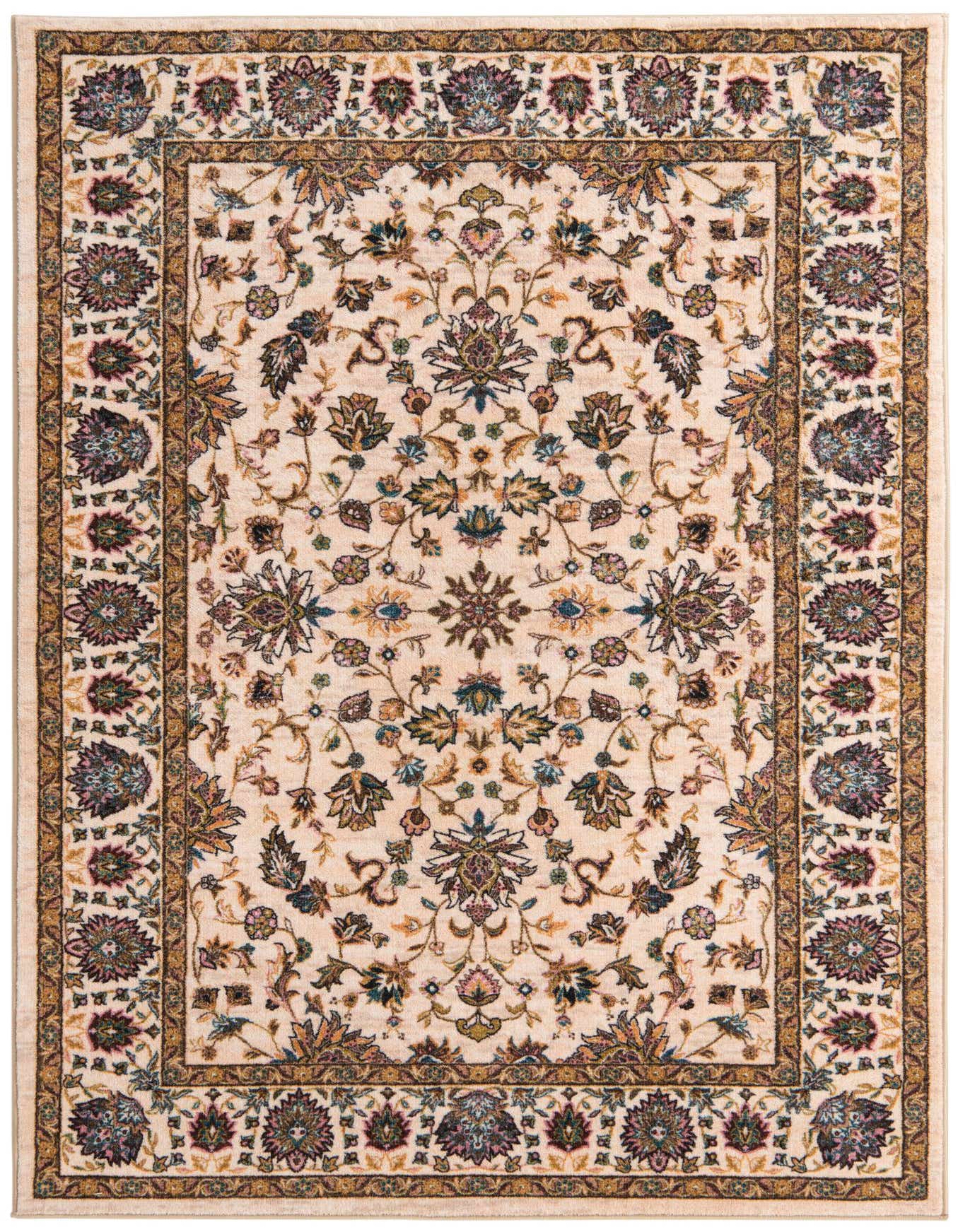 A 5x8 rectangular ivory traditional rug with an intricate floral pattern and a detailed border, suitable for a living room.